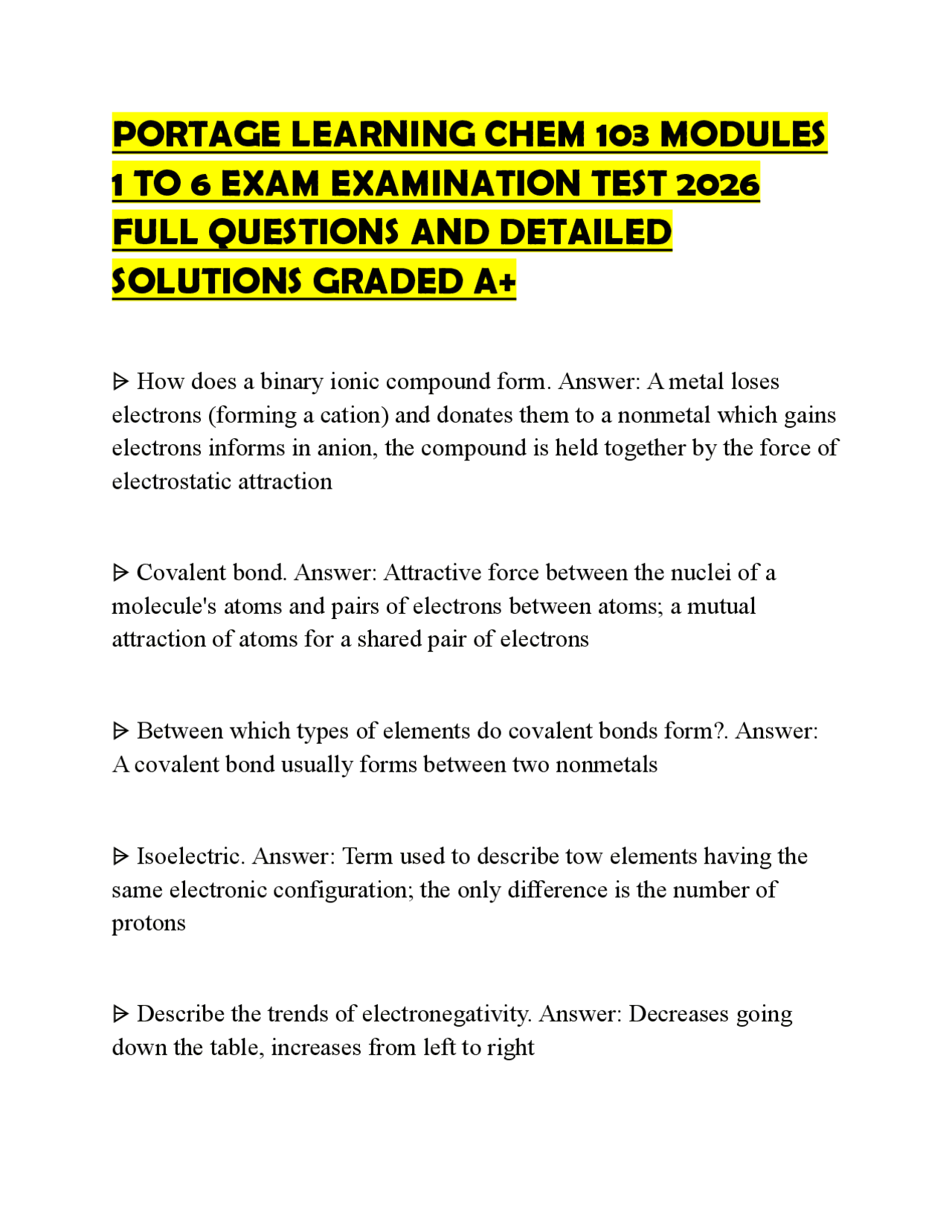 PORTAGE LEARNING CHEM 103 MODULES 1 TO 6 EXAM EXAMINATION TEST 2026 ...