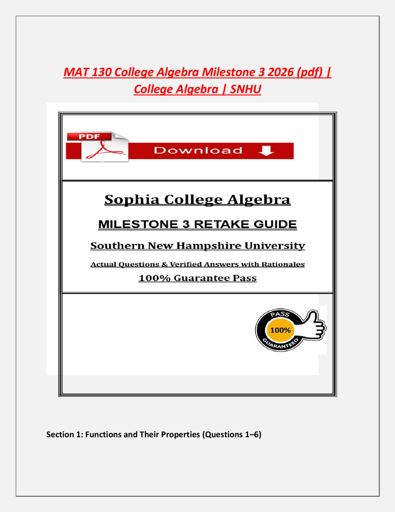 MAT 130 College Algebra Milestone 3 2026 (pdf) | College Algebra | SNHU ...