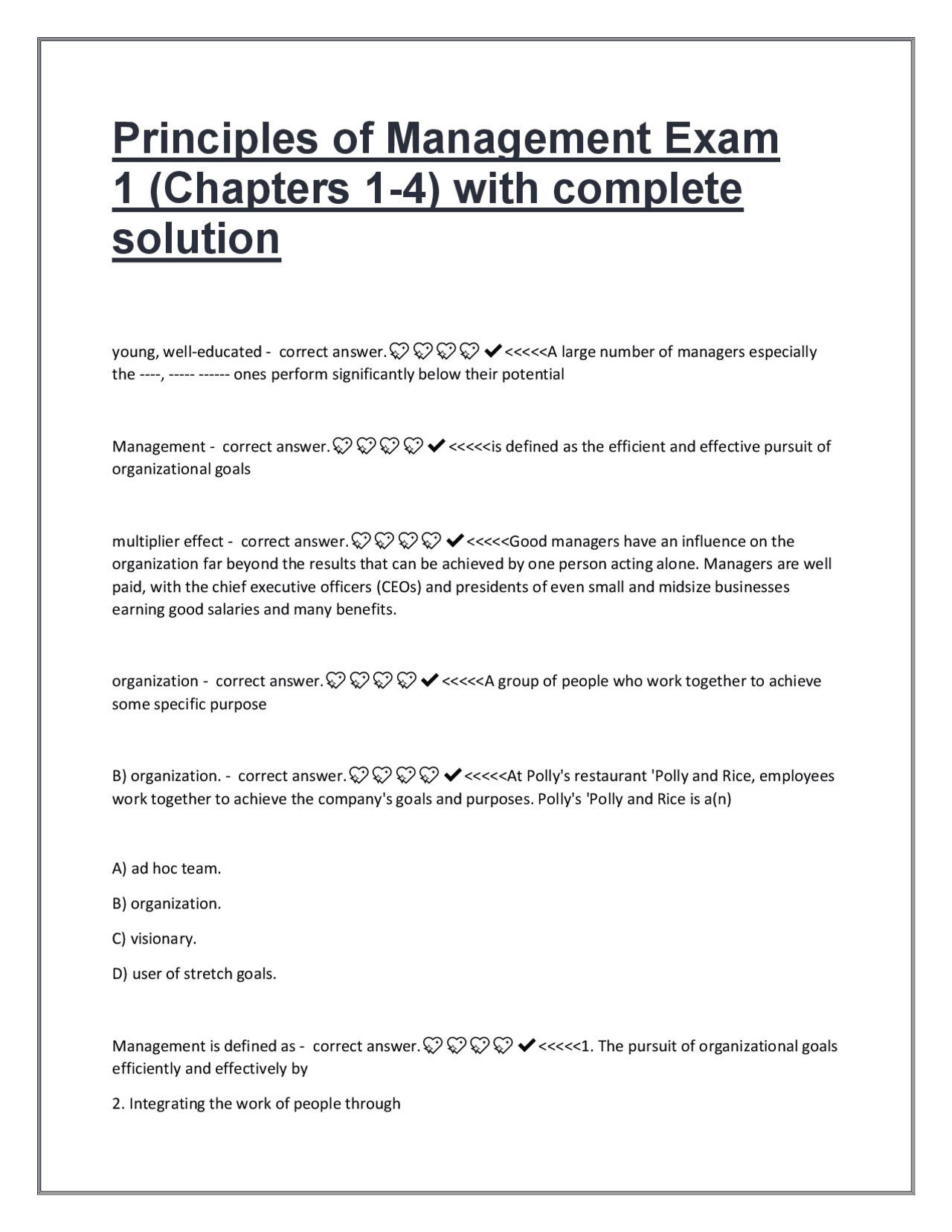 Principles of Management Exam 1 (Chapters 1–4) Study Guide 2025/2026 ...