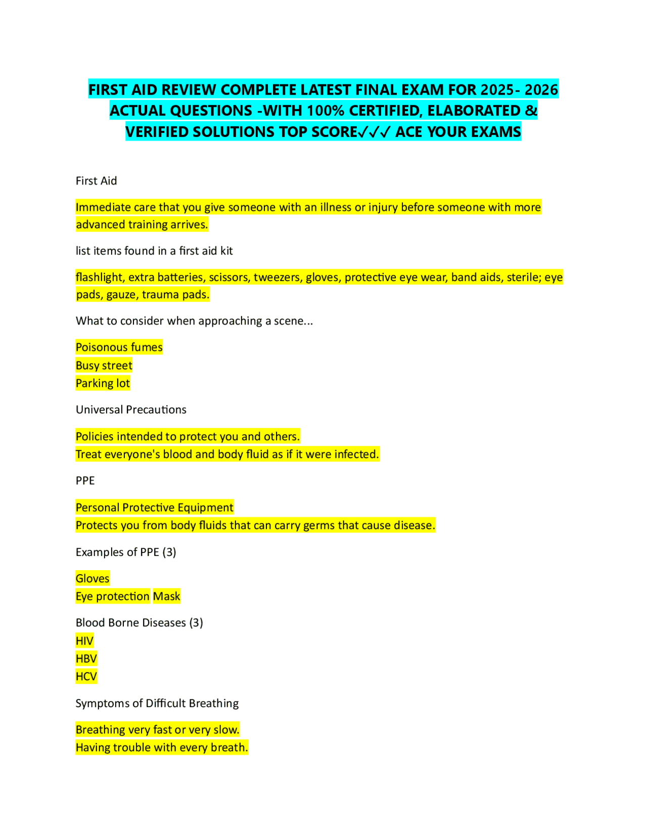 FIRST AID REVIEW COMPLETE LATEST FINAL EXAM FOR 2025- 2026 ACTUAL ...