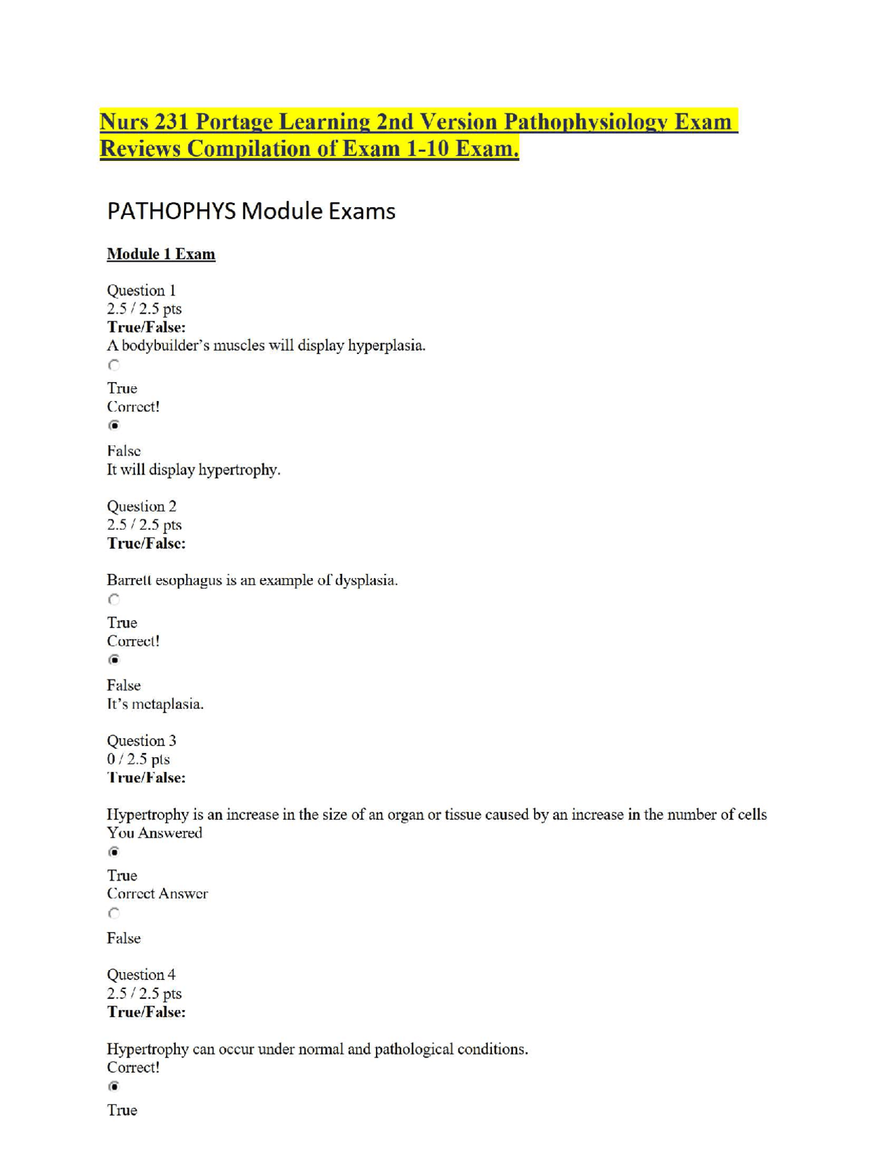 Nurs 231 Portage Learning 2nd Version Pathophysiology Exam Reviews ...