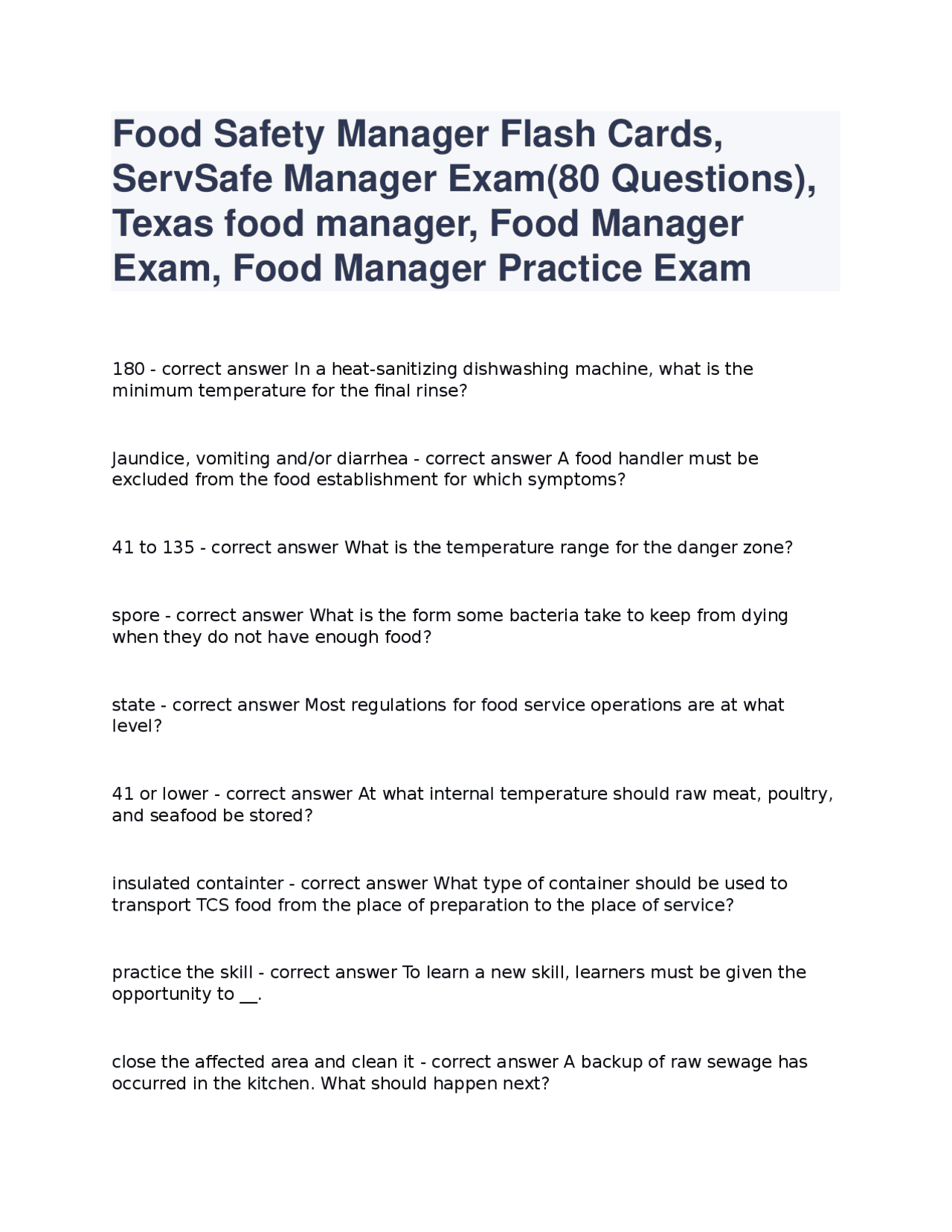 Food Safety Manager Flash Cards, ServSafe Manager Exam(80 Questions ...