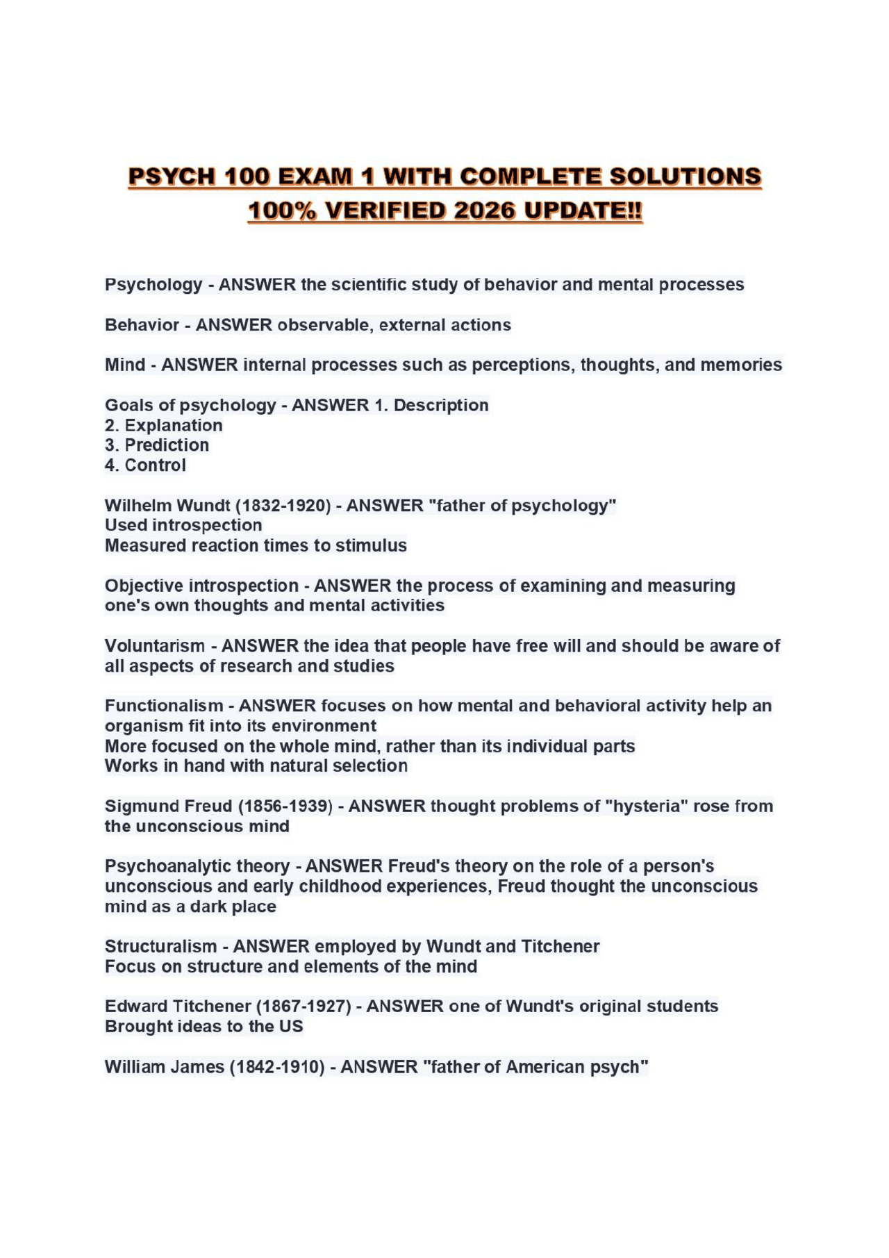PSYCH 100 EXAM 1 WITH COMPLETE SOLUTIONS 100% VERIFIED 2026 UPDATE ...