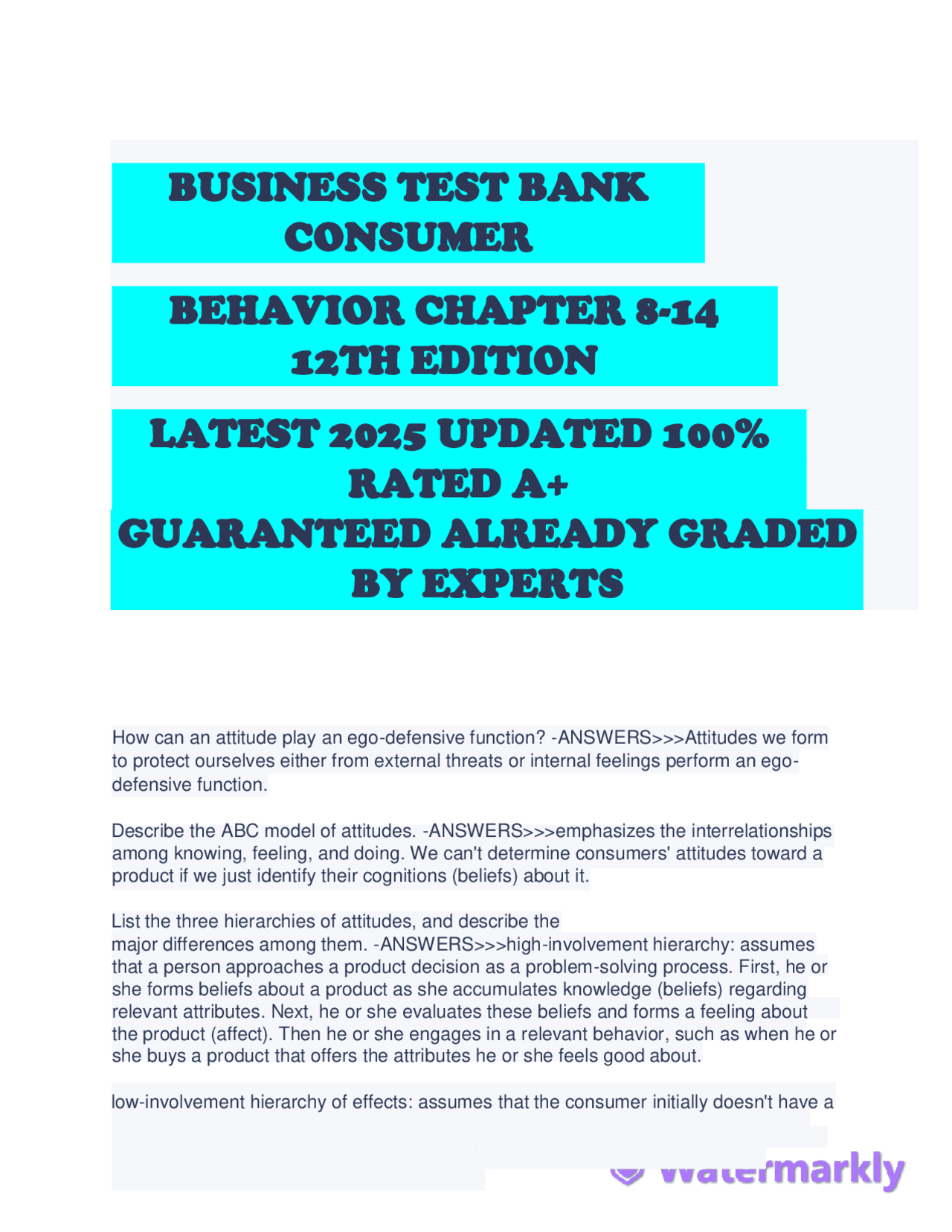 BUSINESS TEST BANK CONSUMER BEHAVIOR CHAPTER 8-14 12TH EDITION LATEST ...