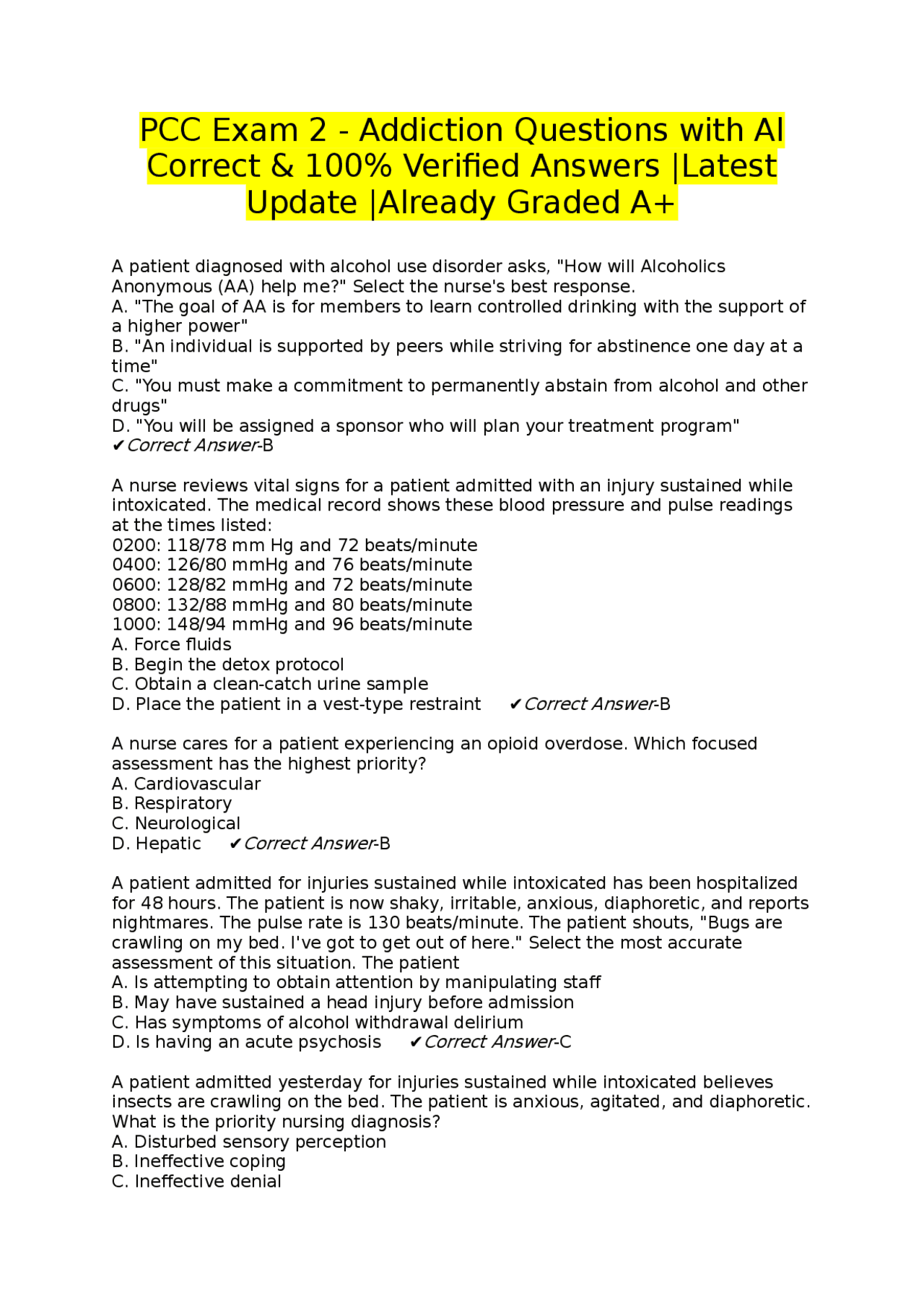 Pcc Question Examples PCC Exam 2 - Addiction Questions with Al Correct & 100% Verified ...