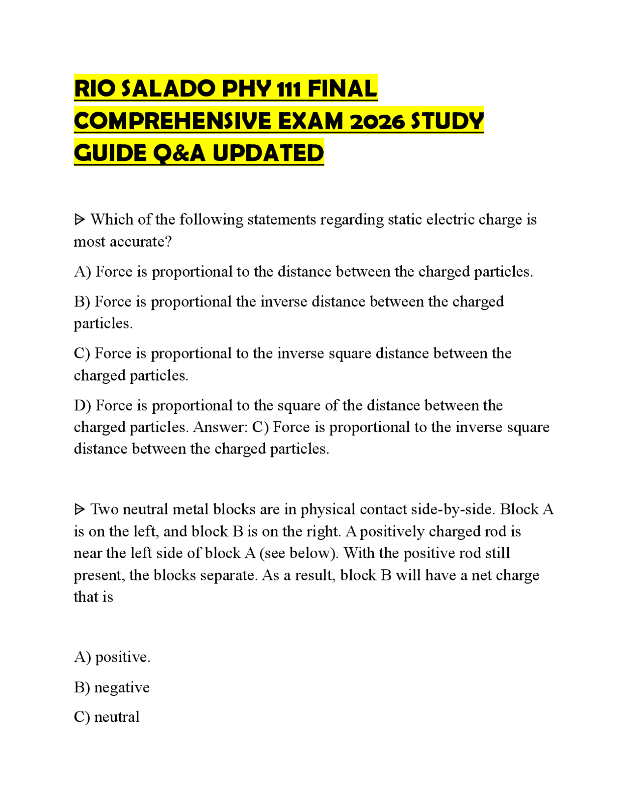 RIO SALADO PHY 111 FINAL COMPREHENSIVE EXAM 2026 STUDY GUIDE Q&A ...