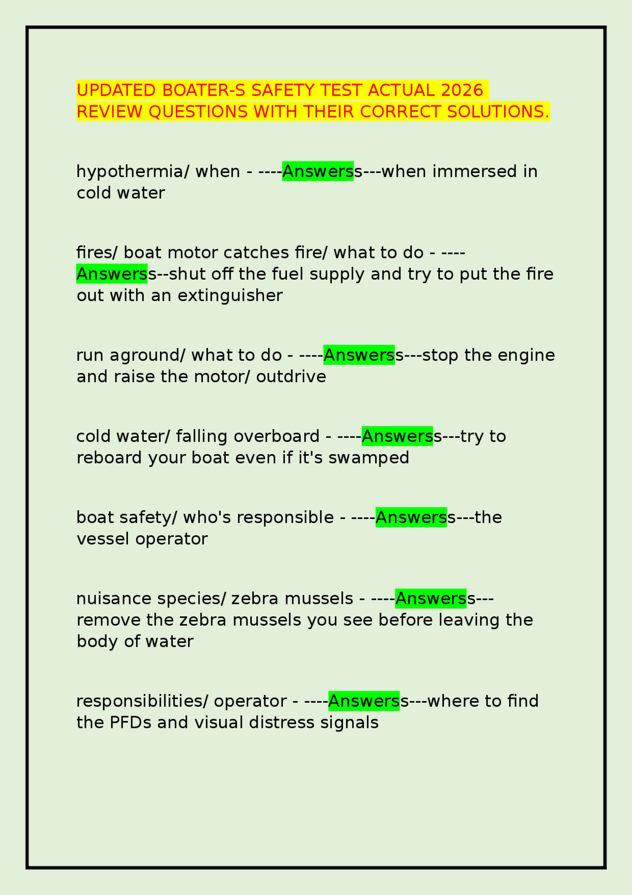UPDATED BOATER-S SAFETY TEST ACTUAL 2026 REVIEW QUESTIONS WITH THEIR ...