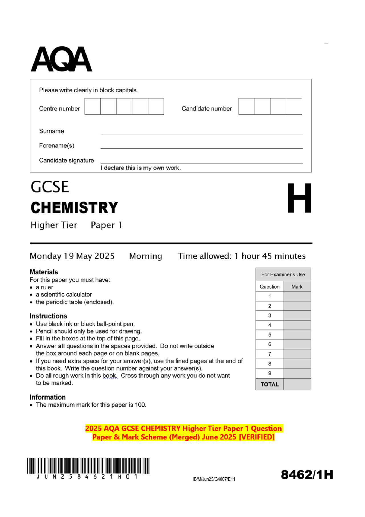 2025 AQA GCSE CHEMISTRY Higher Tier Paper 1 Question Paper & Mark ...