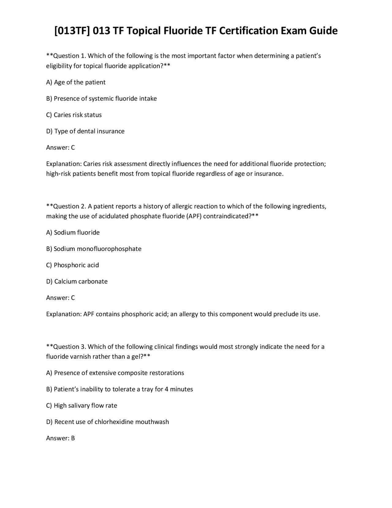 [013TF] 013 TF Topical Fluoride TF Certification Exam Guide | Exams ...
