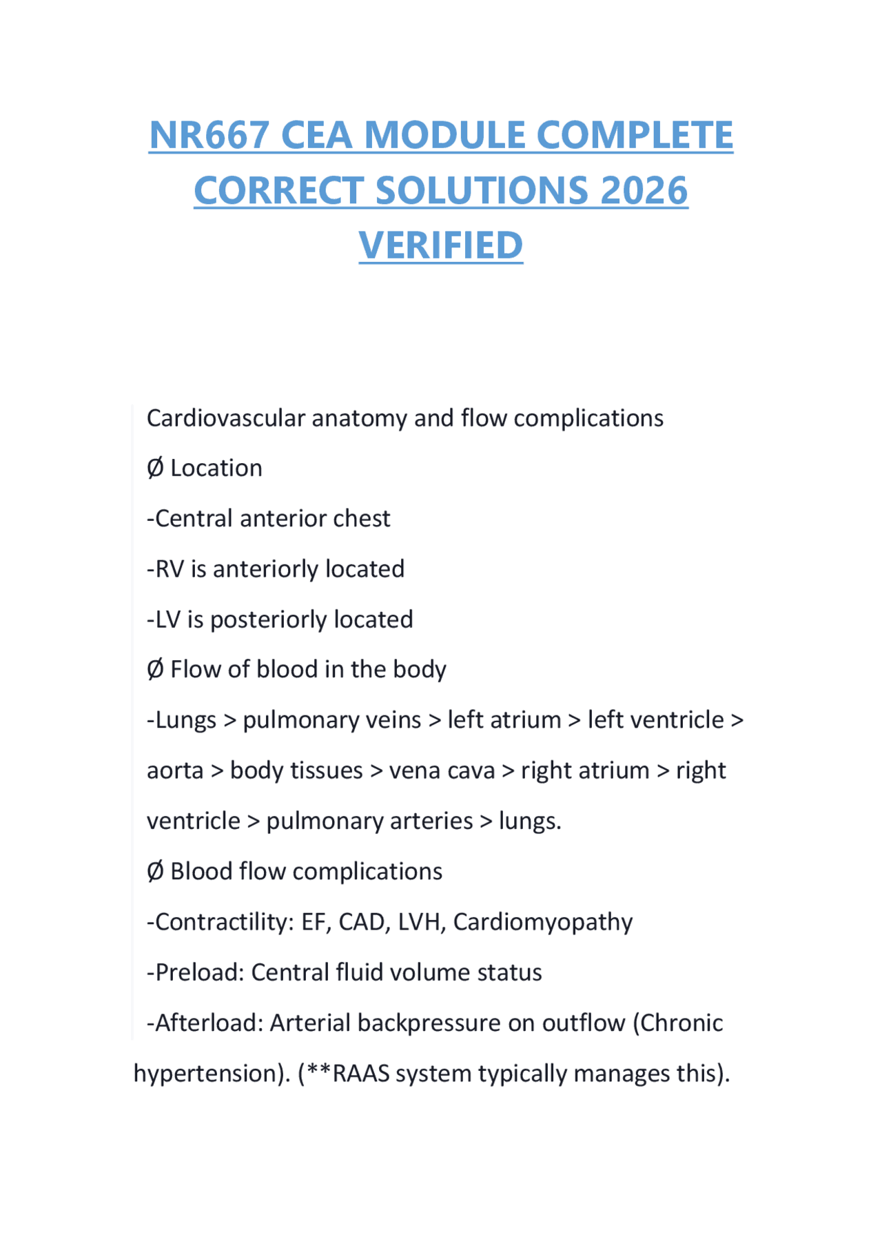 NR667 CEA MODULE COMPLETE CORRECT SOLUTIONS 2026 VERIFIED | Exams ...