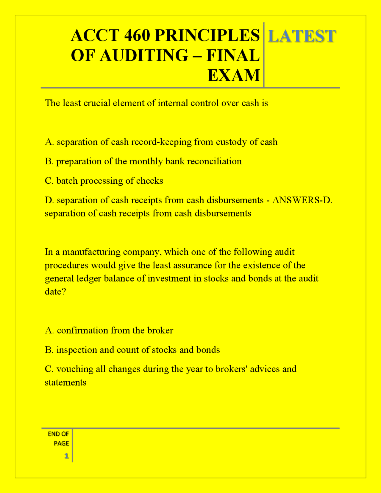 ACCT 460 PRINCIPLES OF AUDITING – FINAL EXAM QUESTIONS AND ANSWERS 2026 ...