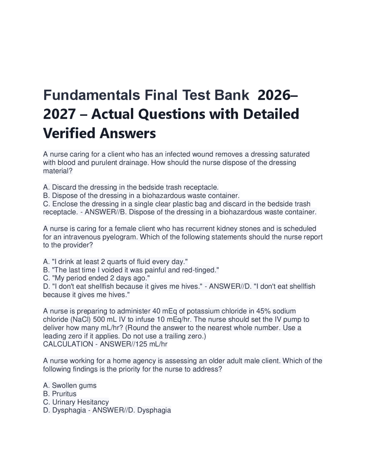 Fundamentals of Nursing Final Exam Test Bank - 2026/2027 Practice ...