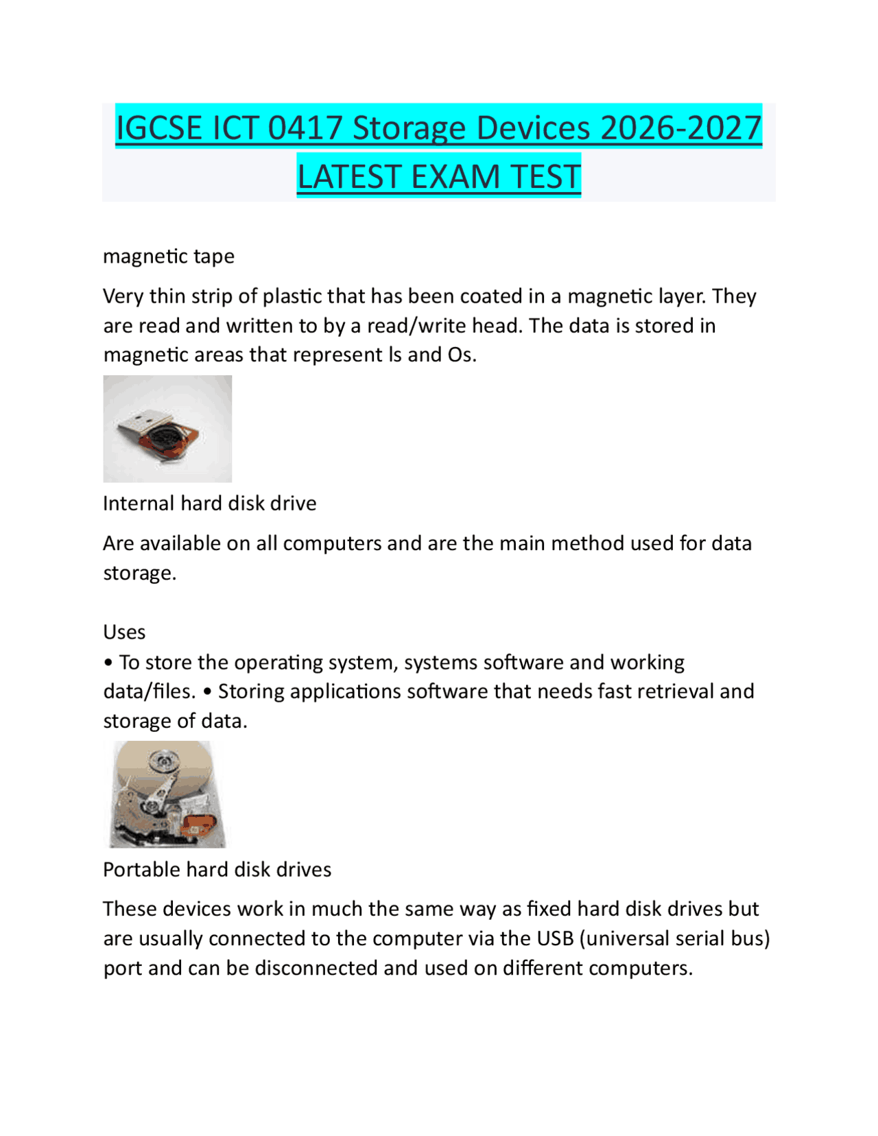 IGCSE ICT 0417 Storage Devices 2026-2027 LATEST EXAM TEST | Exams ...