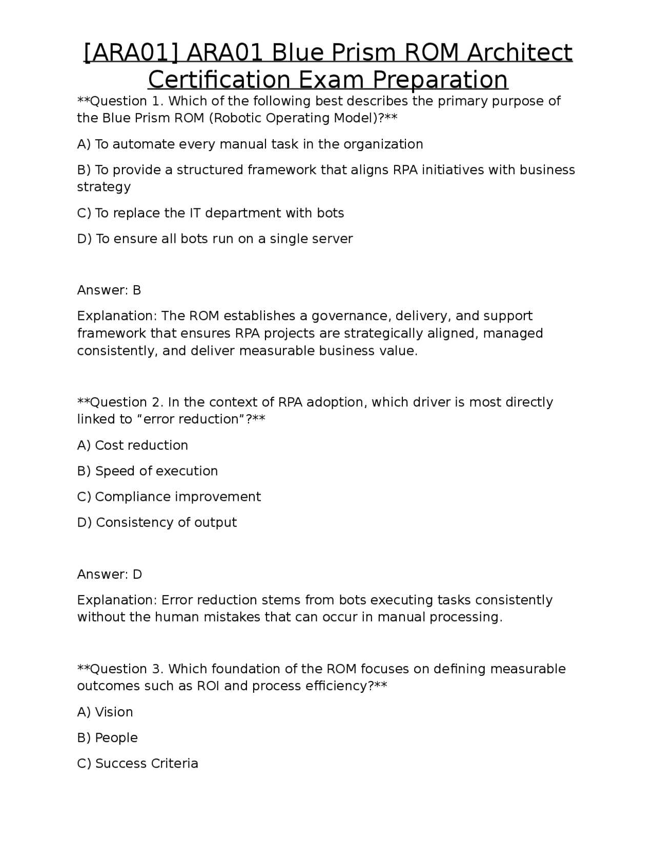 [ARA01] ARA01 Blue Prism ROM Architect Certification Exam Preparation ...