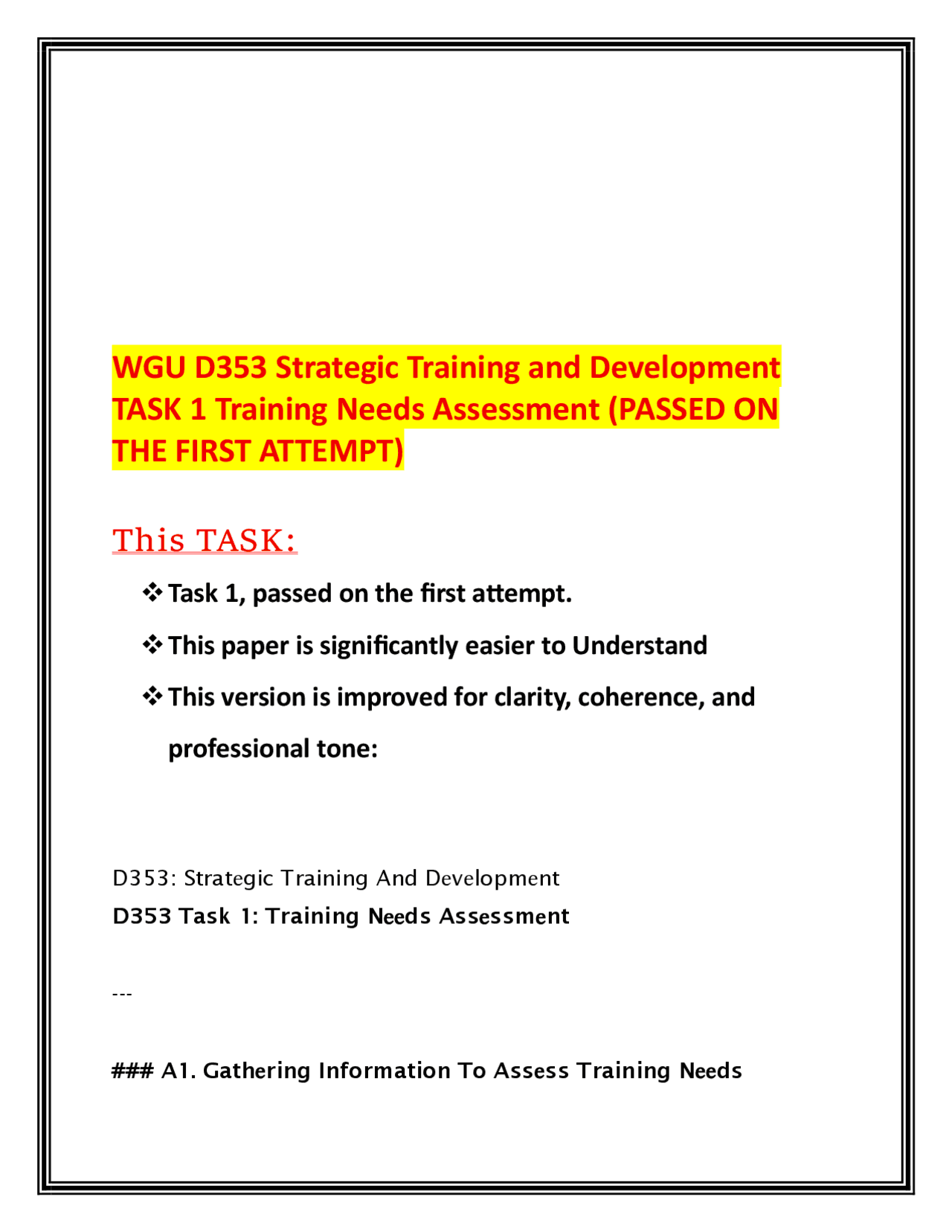 WGU D353 Strategic Training and Development TASK 1 Training Needs ...
