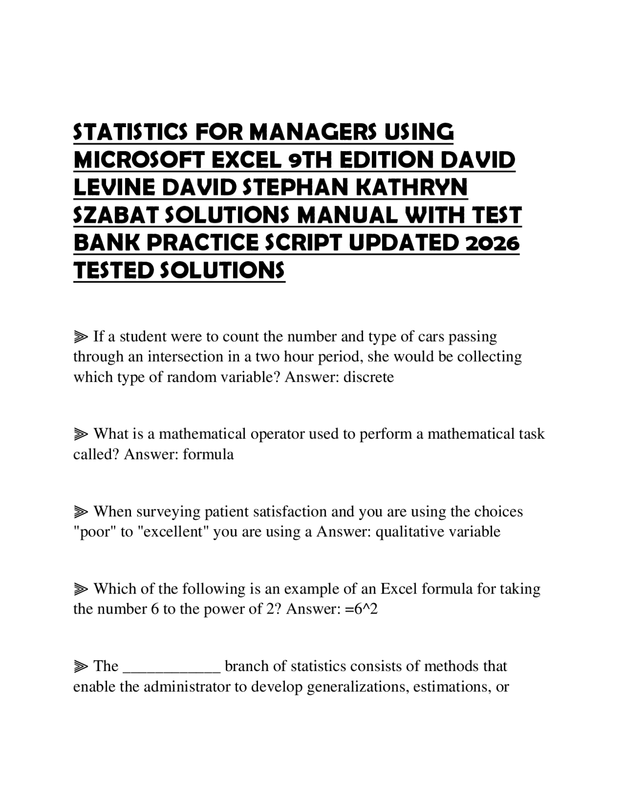 STATISTICS FOR MANAGERS USING MICROSOFT EXCEL 9TH EDITION DAVID LEVINE