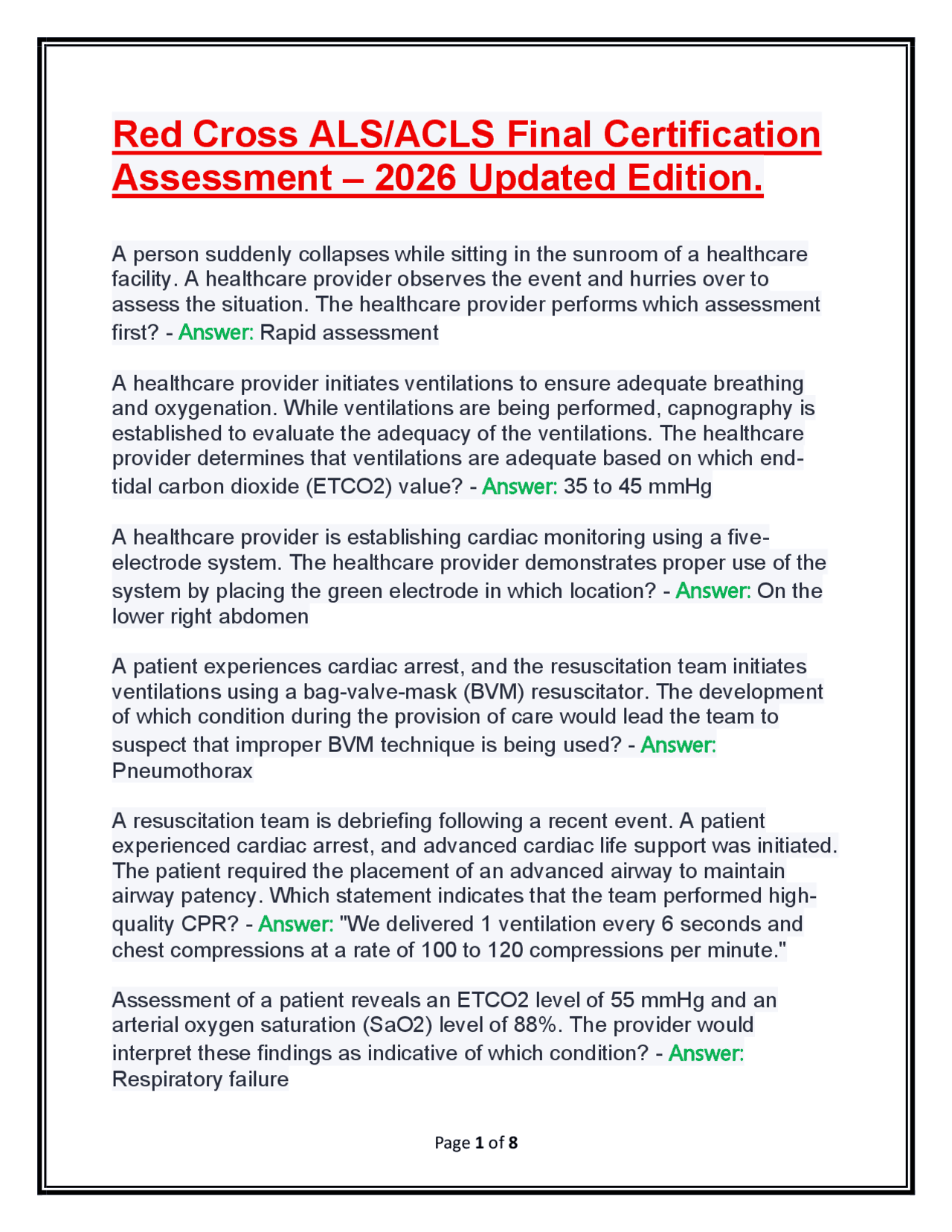 Red Cross ALS/ACLS Final Certification Assessment – 2026 Updated ...