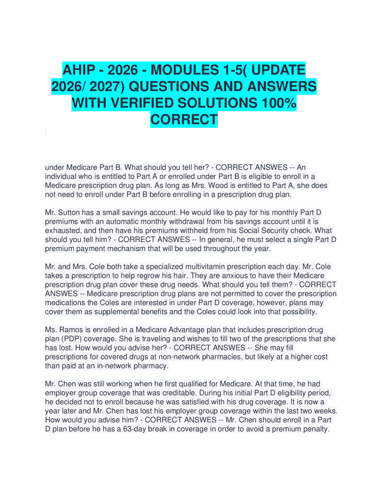 AHIP - 2026 - MODULES 1-5( UPDATE 2026/ 2027) QUESTIONS AND ANSWERS ...