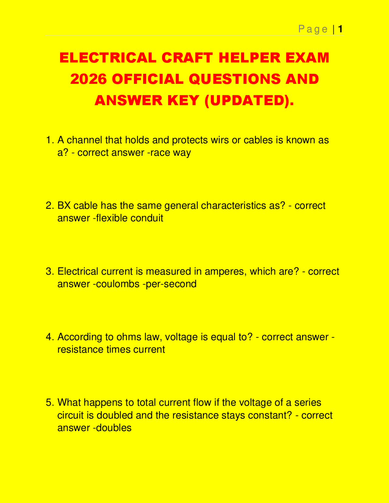 ELECTRICAL CRAFT HELPER EXAM 2026 OFFICIAL QUESTIONS AND ANSWER KEY ...