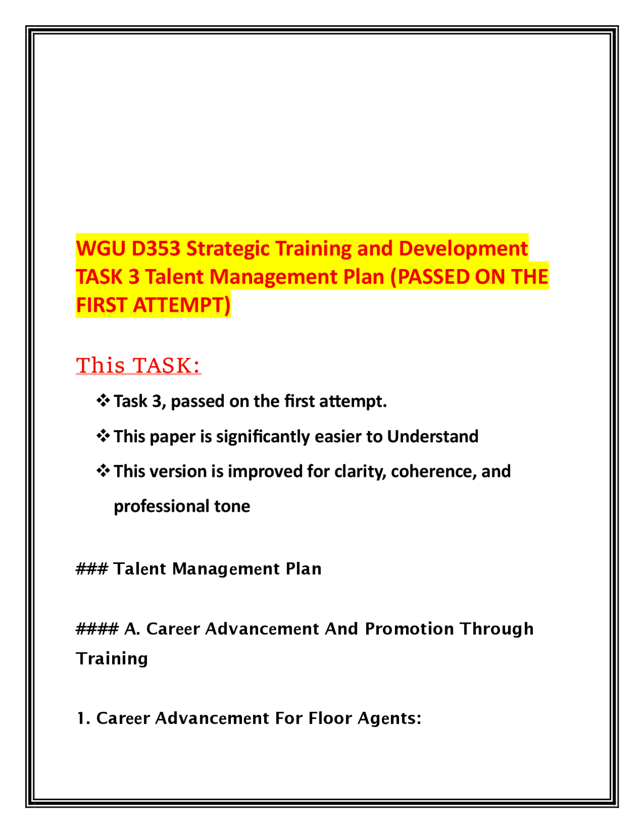 WGU D353 Strategic Training and Development TASK 3 Talent Management ...