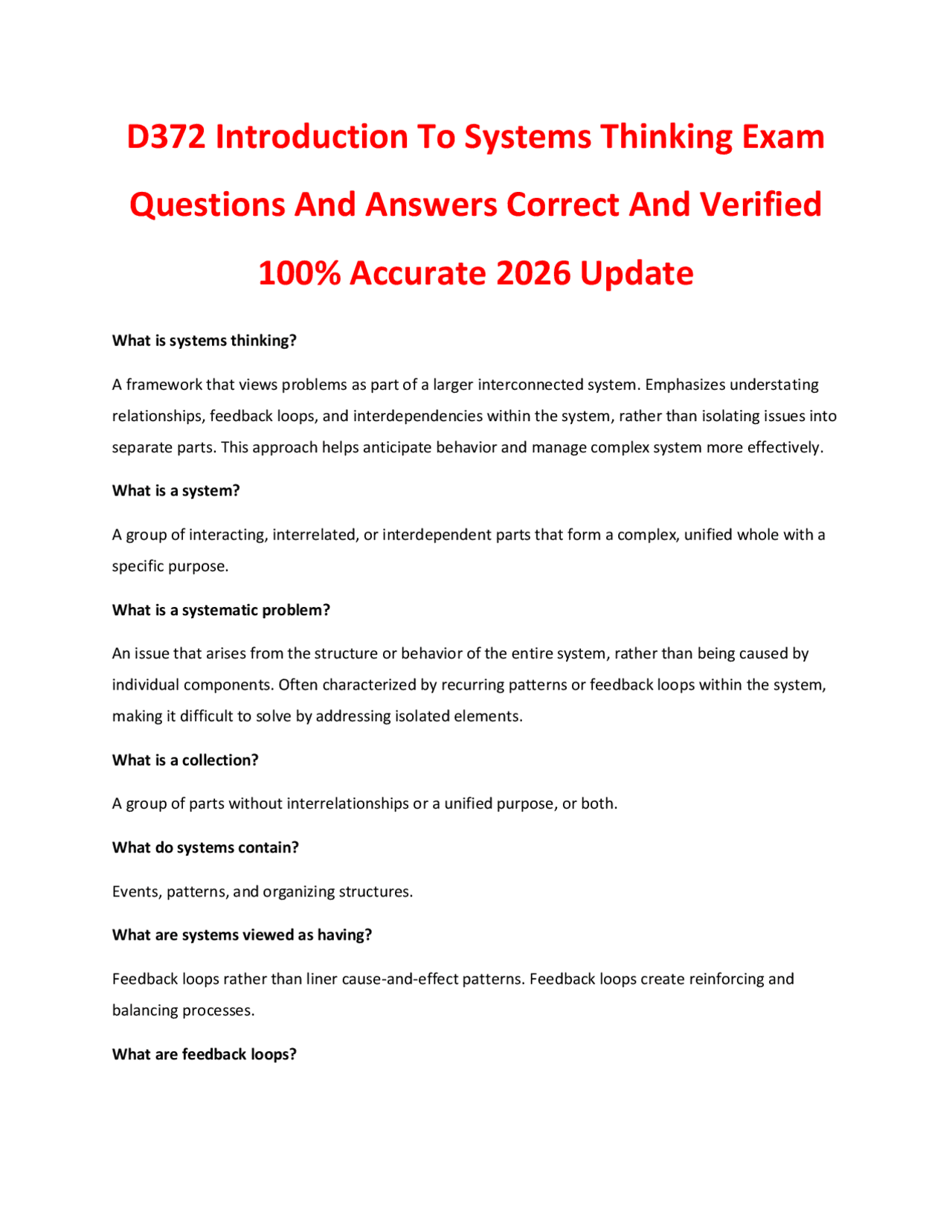 D372 Introduction To Systems Thinking Exam Questions And Answers ...