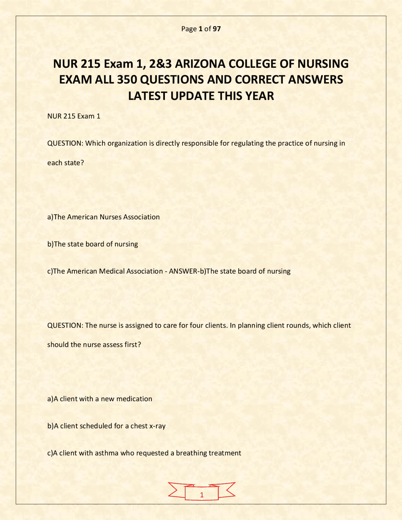NUR 215 Exam 1, 2&amp;3 ARIZONA COLLEGE OF NURSING EXAM ALL 350 QUESTIONS ...