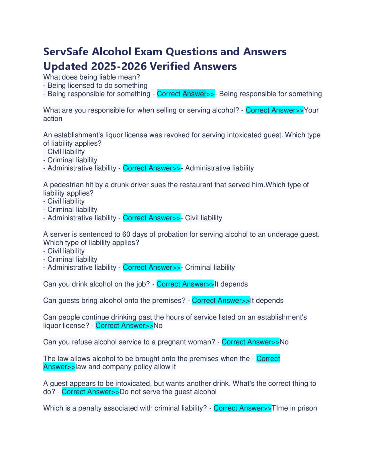 ServSafe Alcohol Exam Questions and Answers Updated 2025-2026 Verified ...
