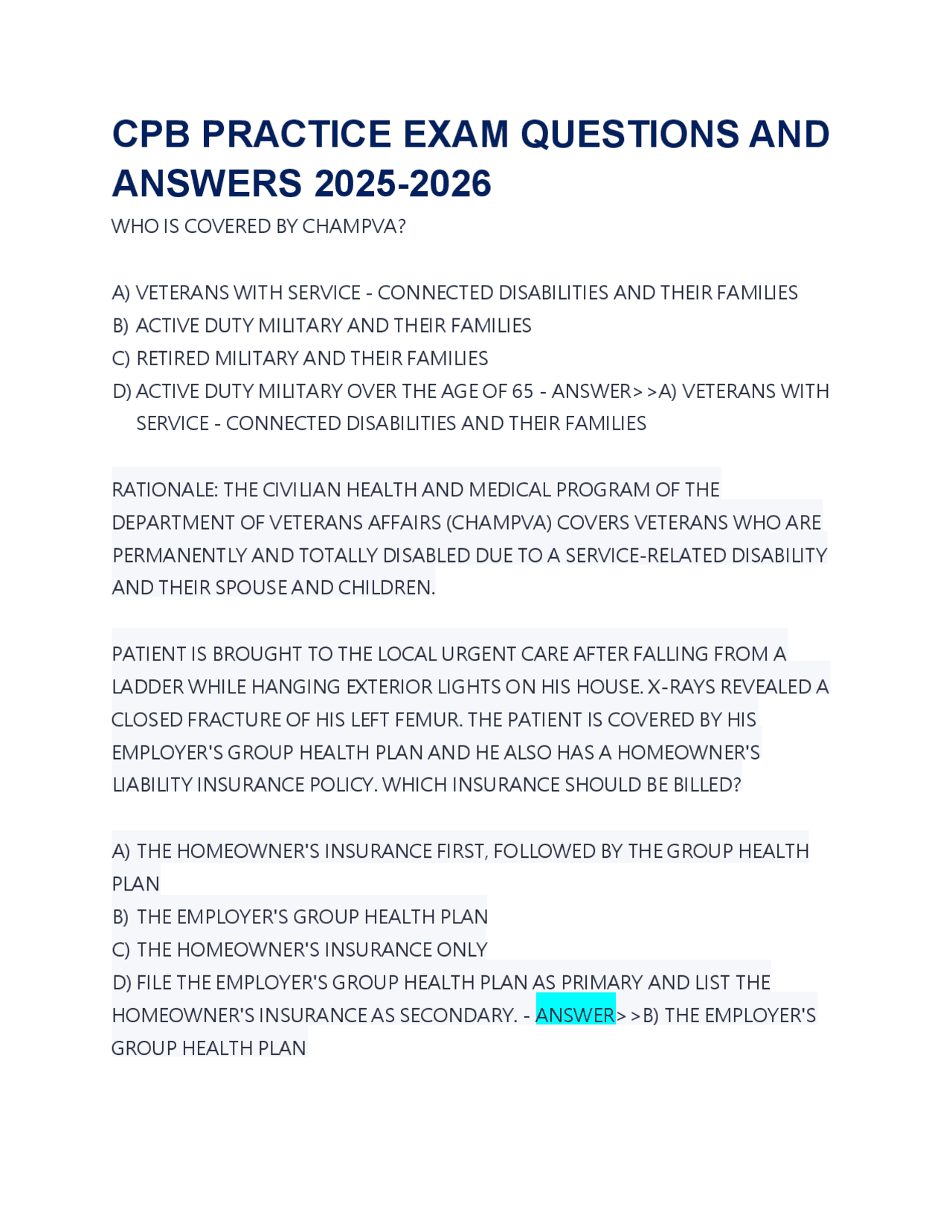 CPB PRACTICE EXAM QUESTIONS AND ANSWERS 2025-2026 | Exams Nursing | Docsity
