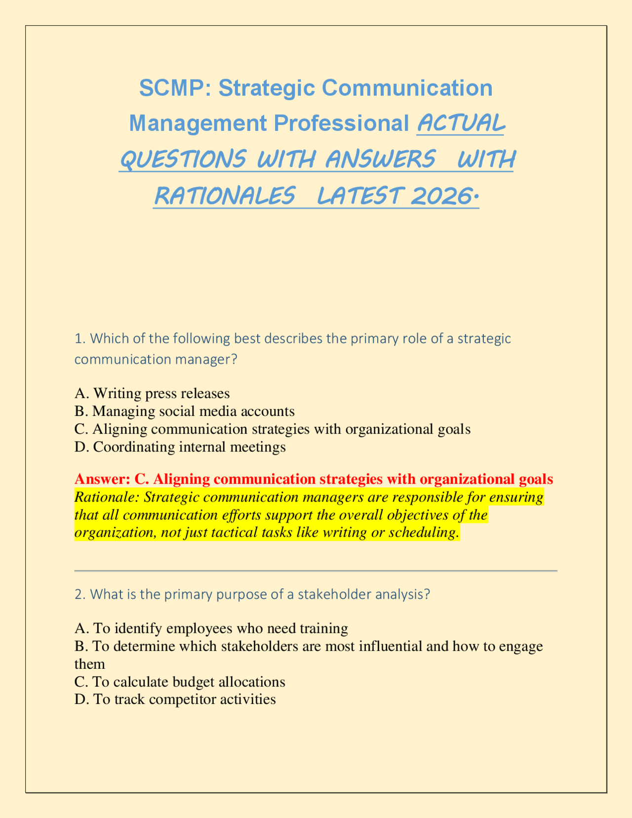 SCMP: Strategic Communication Management Professional ACTUAL QUESTIONS WITH ANSWERS | Exams ...