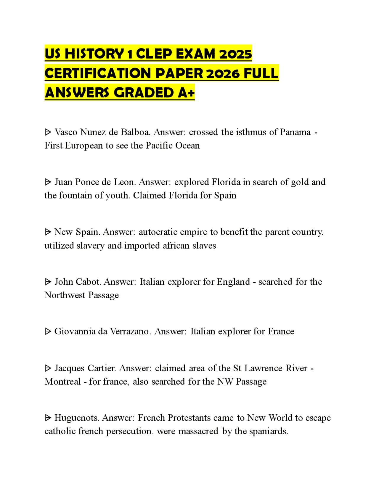 US HISTORY 1 CLEP EXAM 2025 CERTIFICATION PAPER 2026 FULL ANSWERS ...