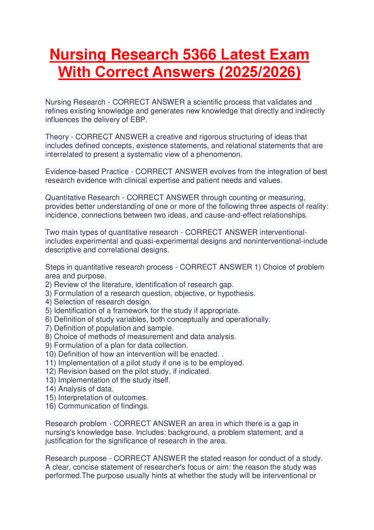Nursing Research 5366 Latest Exam With Correct Answers (2025/2026 ...