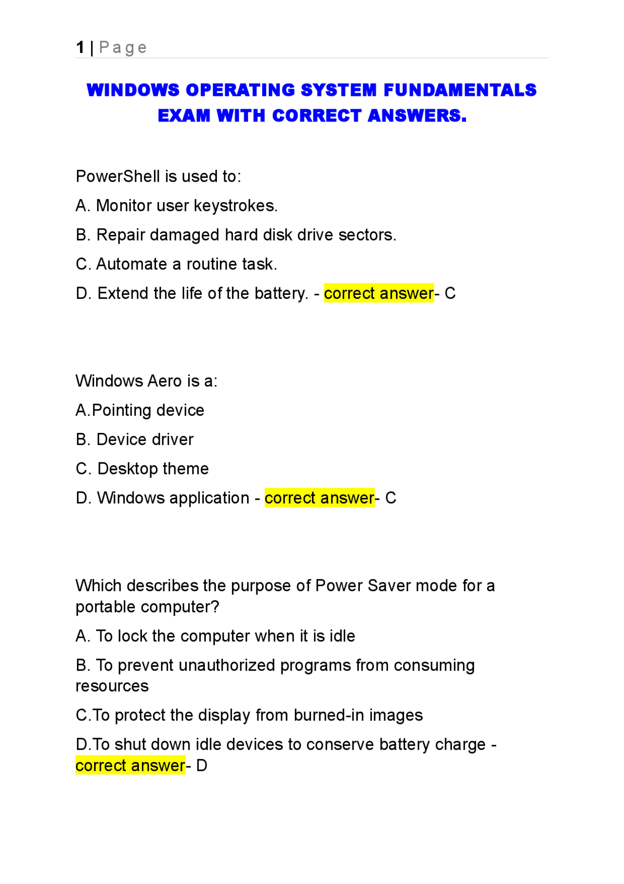 WINDOWS OPERATING SYSTEM FUNDAMENTALS EXAM WITH CORRECT ANSWERS ...