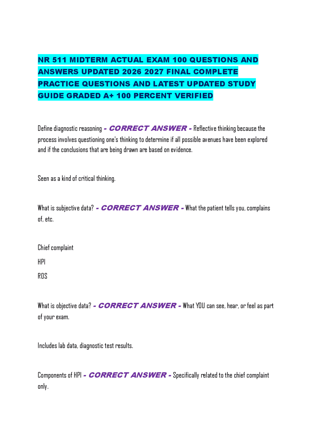 Pra Questionnaire NR 511 MIDTERM ACTUAL EXAM 100 QUESTIONS AND ANSWERS UPDATED 2026 2027 ...