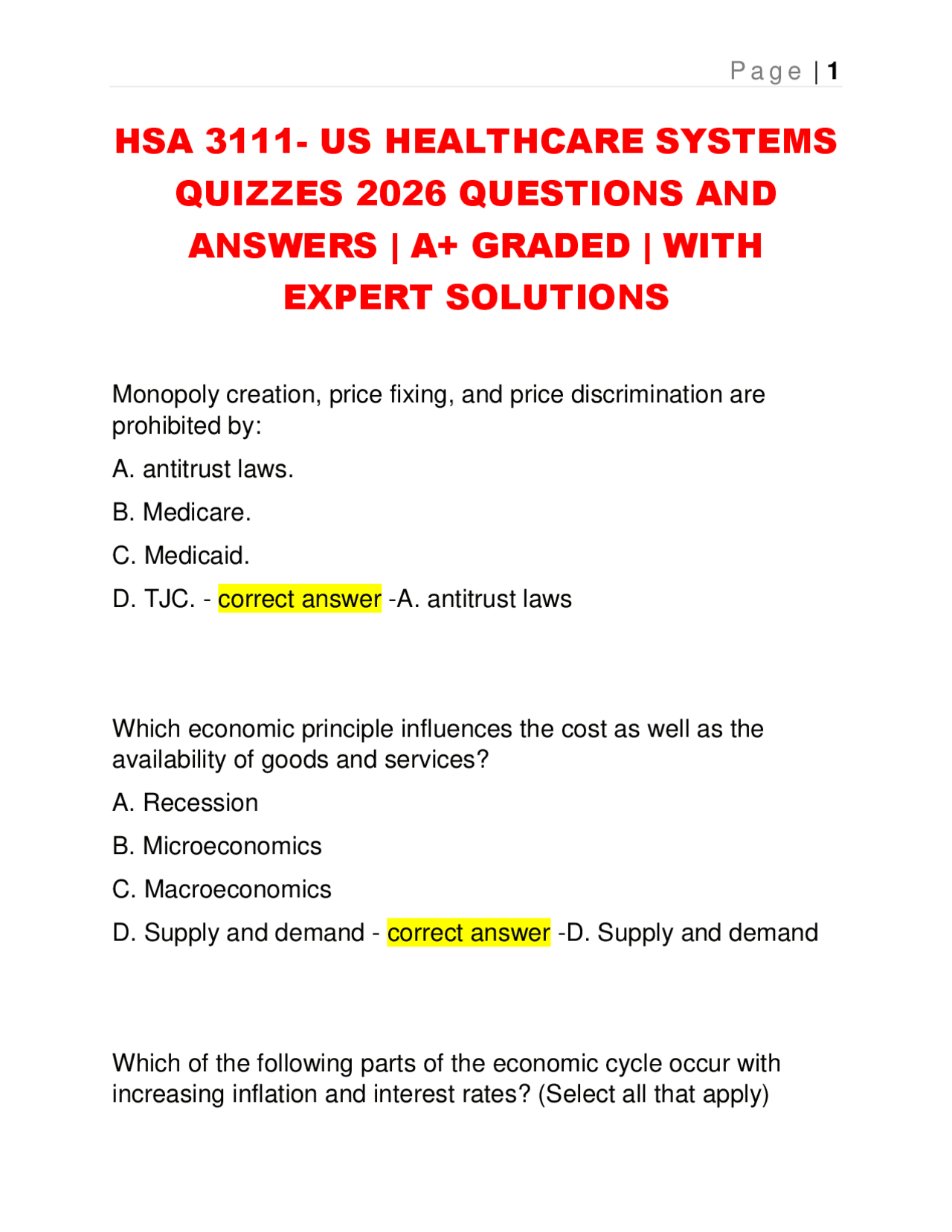 HSA 3111- US HEALTHCARE SYSTEMS QUIZZES 2026 QUESTIONS AND ANSWERS | A+ ...