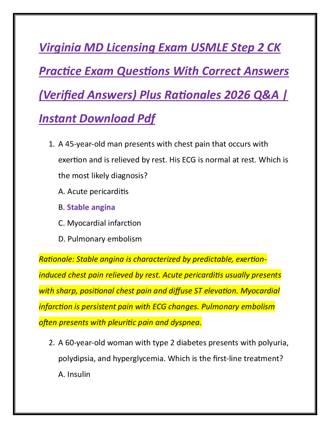 Step 2 Questions Virginia MD Licensing Exam USMLE Step 2 CK Practice Exam Questions With ...