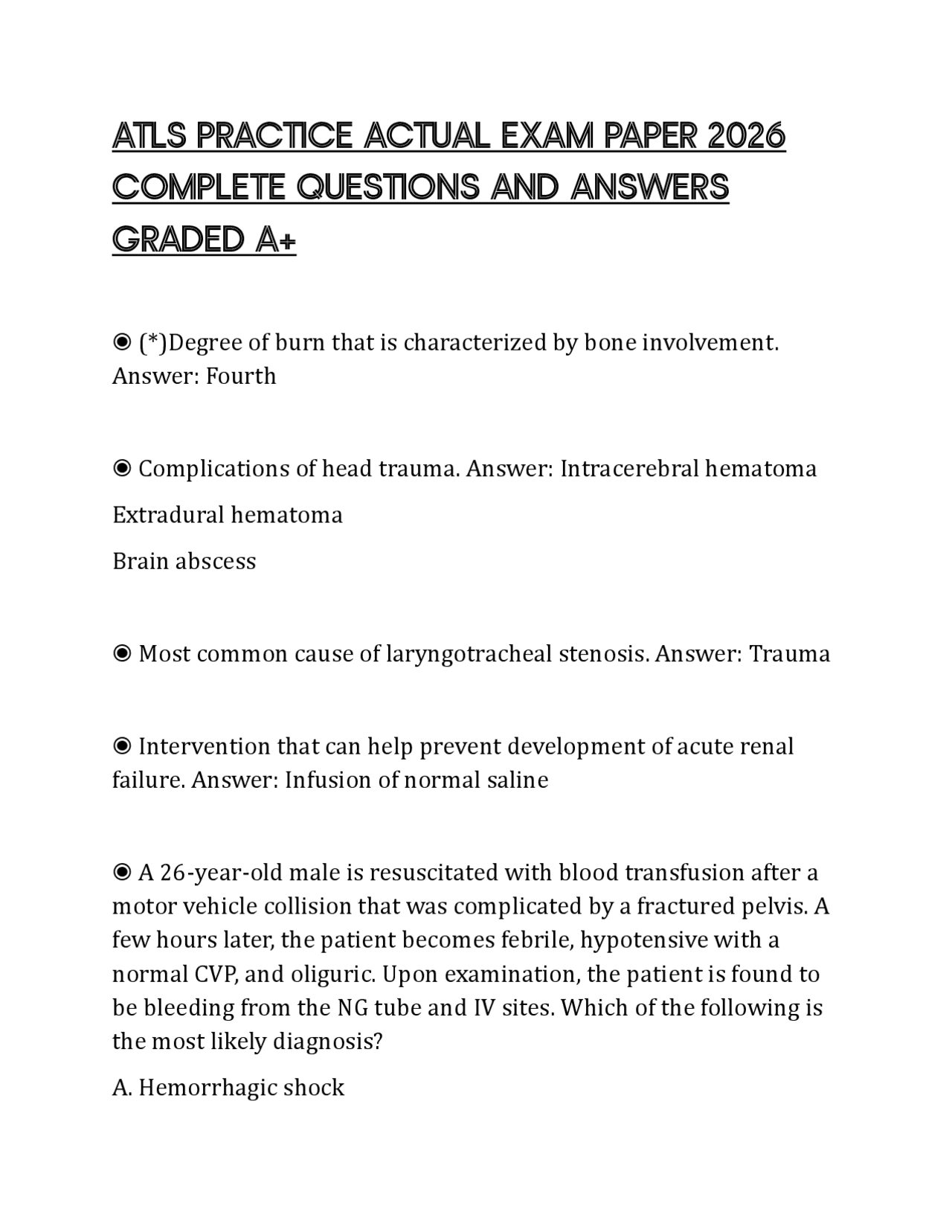 ATLS PRACTICE ACTUAL EXAM PAPER 2026 COMPLETE QUESTIONS AND ANSWERS ...