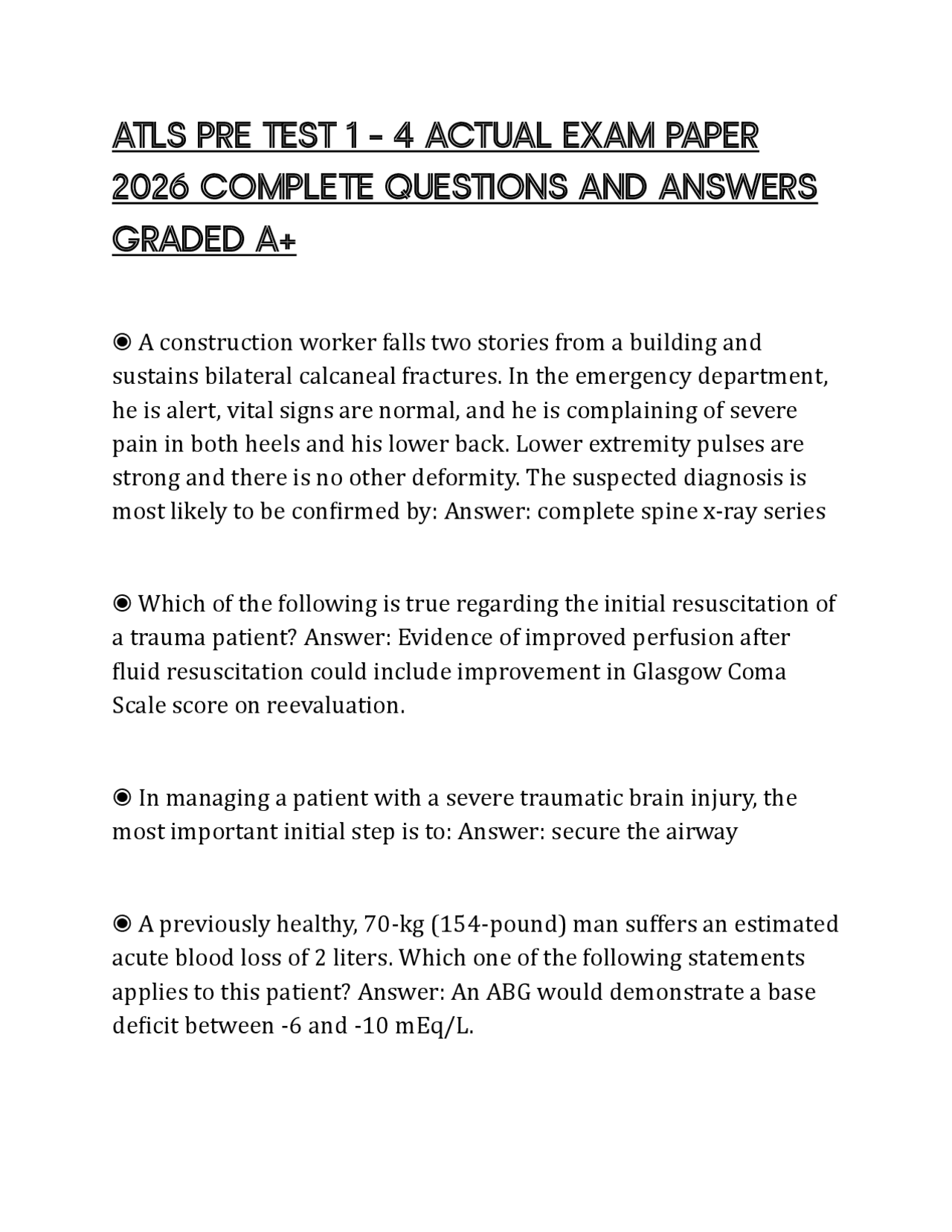 ATLS PRE TEST 1 – 4 ACTUAL EXAM PAPER 2026 COMPLETE QUESTIONS AND ...