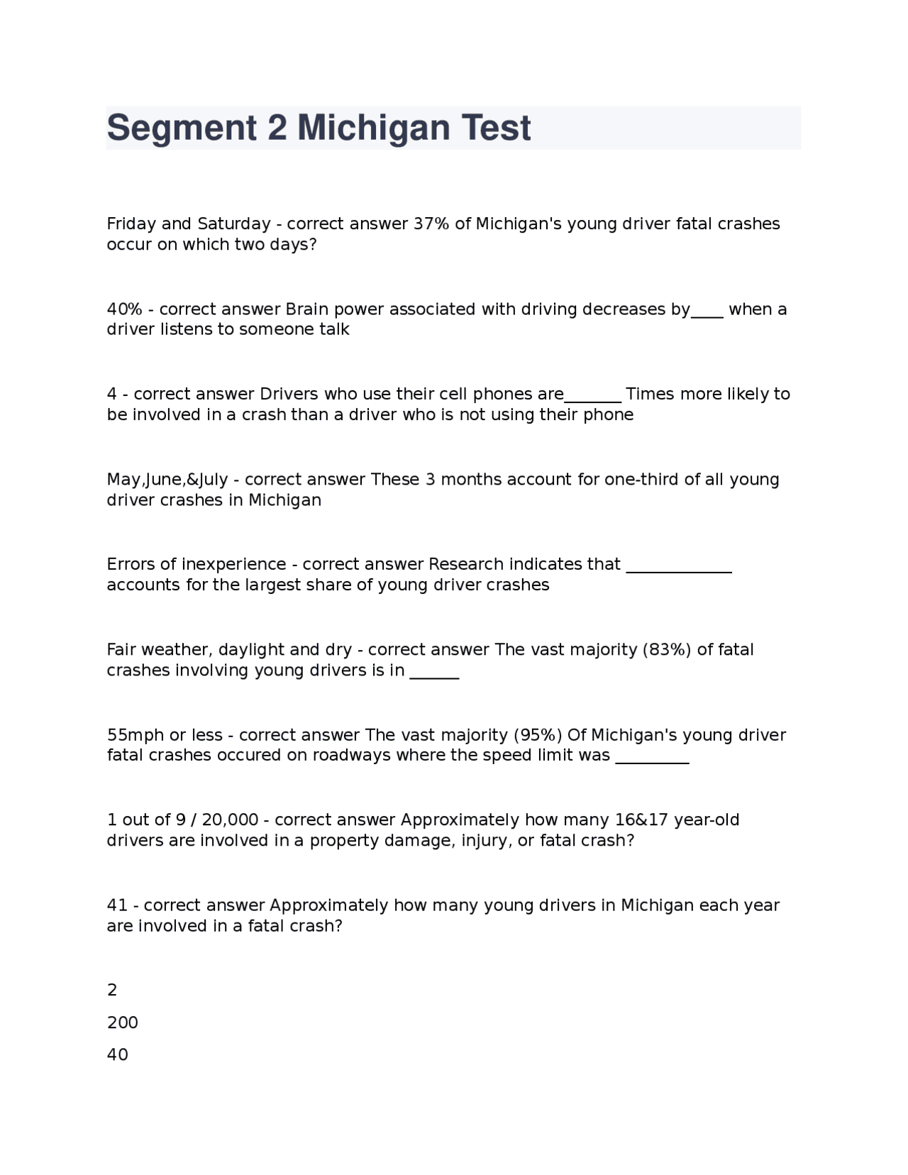 Segment 2 Michigan Test questions with correct answers | Exams Advanced ...