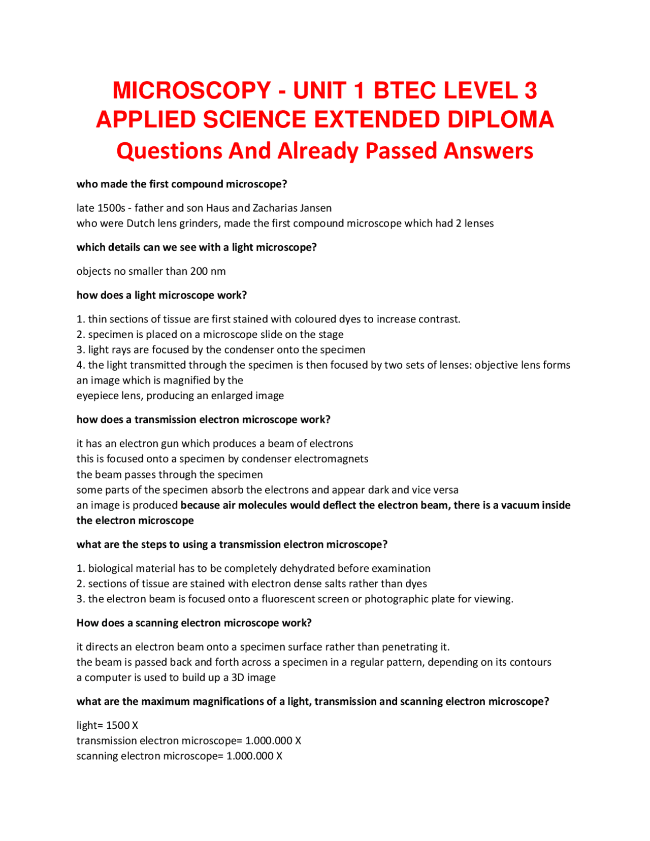 MICROSCOPY - UNIT 1 BTEC LEVEL 3 APPLIED SCIENCE EXTENDED DIPLOMA ...