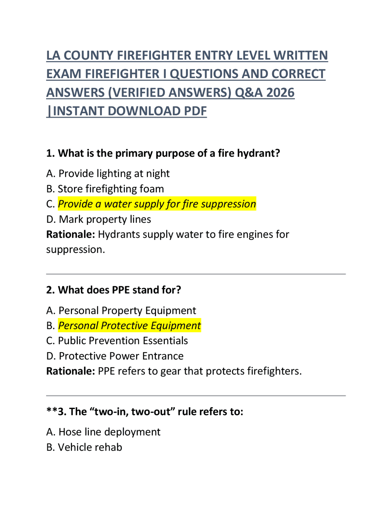 LA County Firefighter Entry-Level Written Exam – Firefighter I Questions and Correct Answe ...