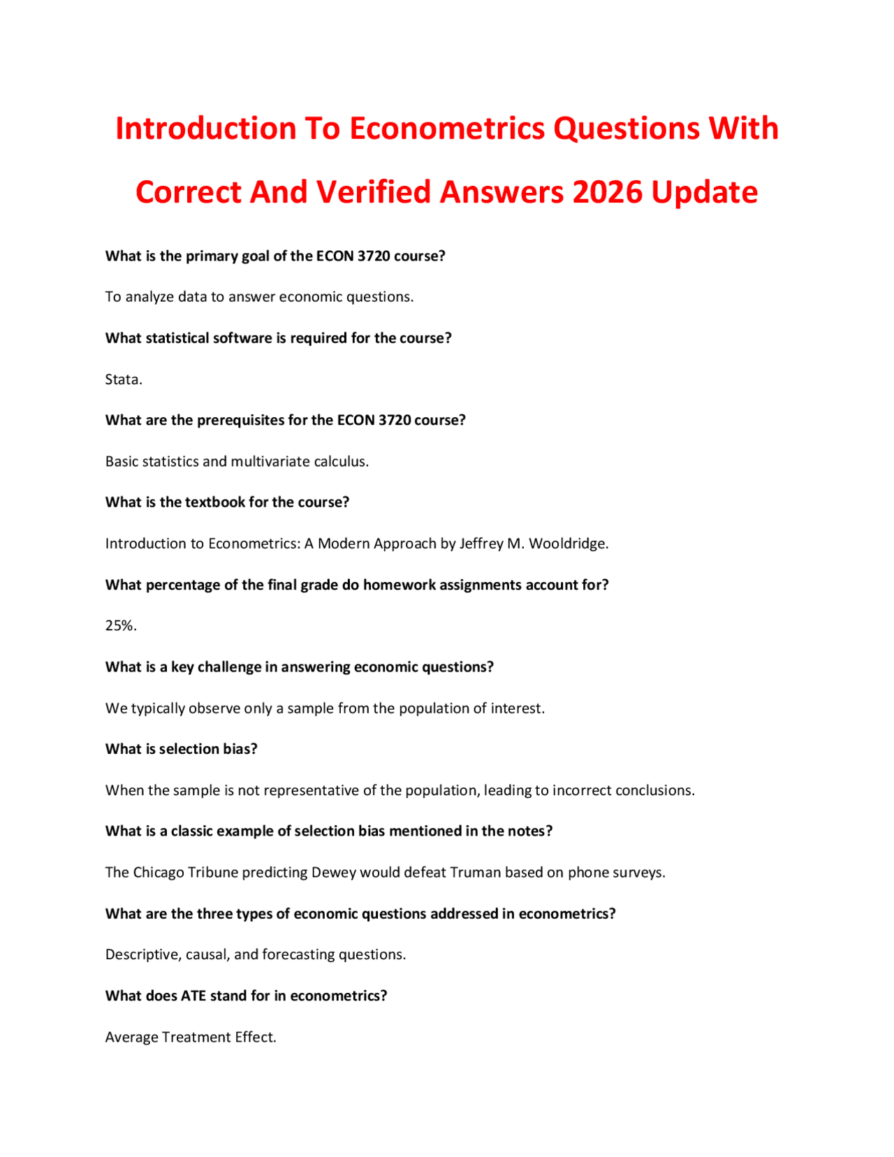 Introduction To Econometrics Questions With Correct And Verified ...