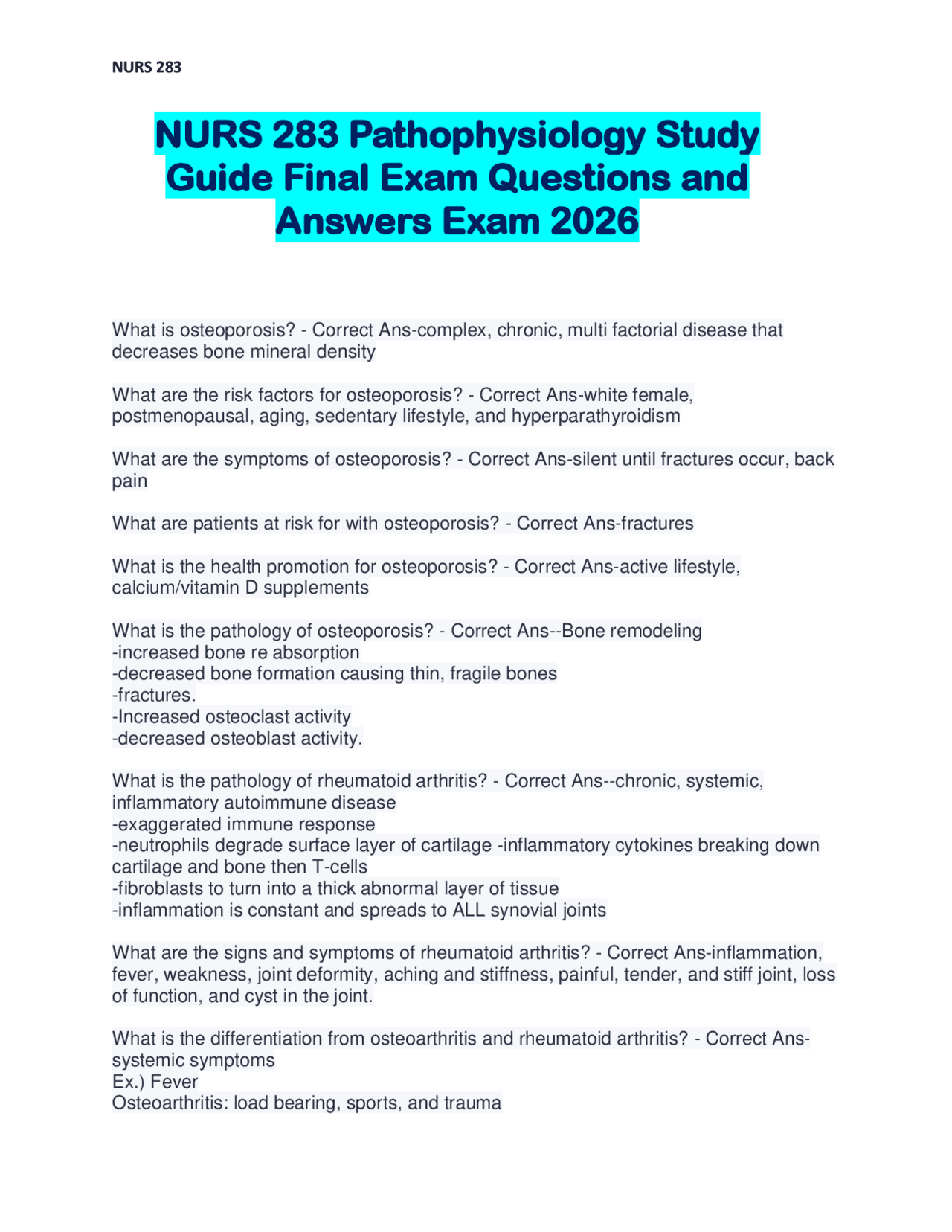 NURS 283 Pathophysiology Study Guide Final Exam Questions and Answers ...