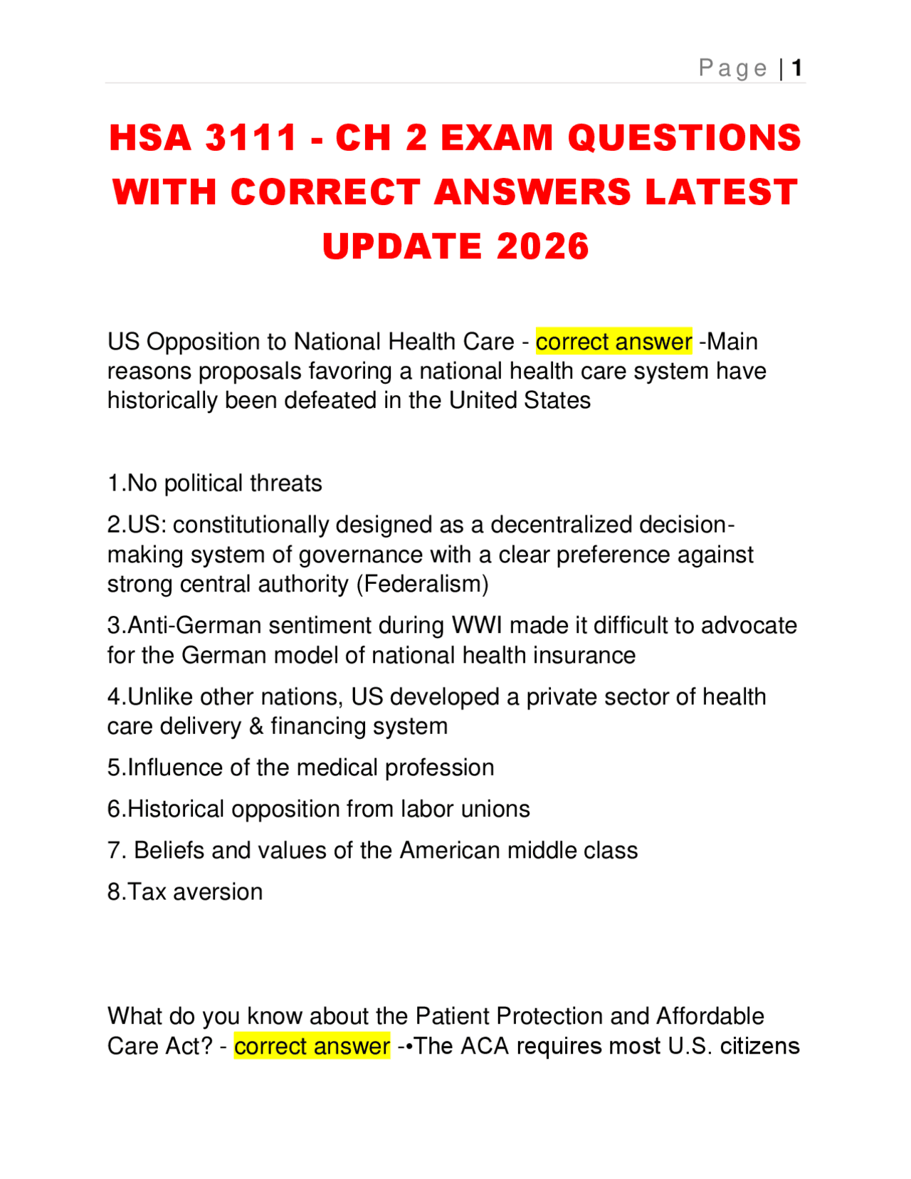 HSA 3111 - CH 2 EXAM QUESTIONS WITH CORRECT ANSWERS LATEST UPDATE 2026 ...