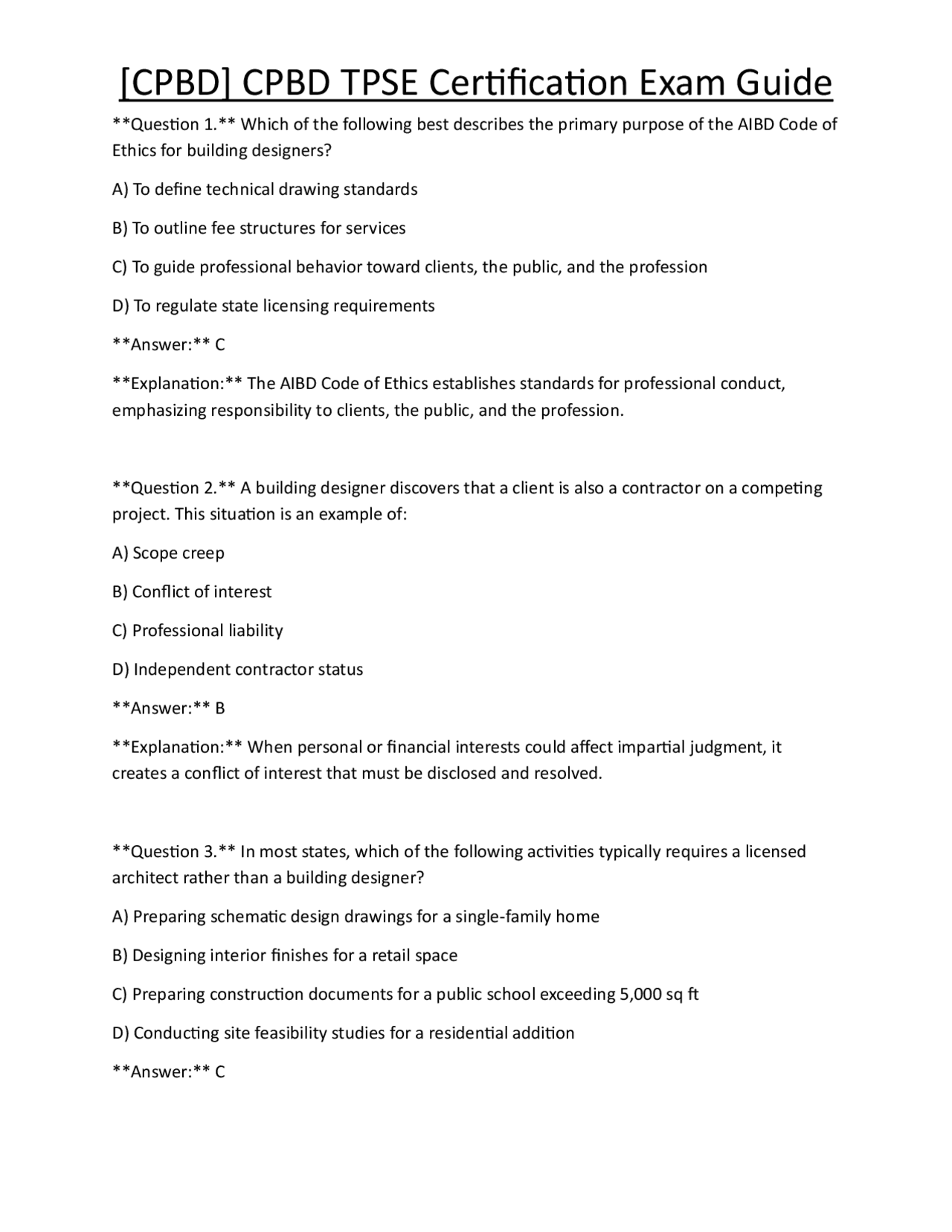 [CPBD] CPBD TPSE Certification Exam Guide | Exams Technology | Docsity