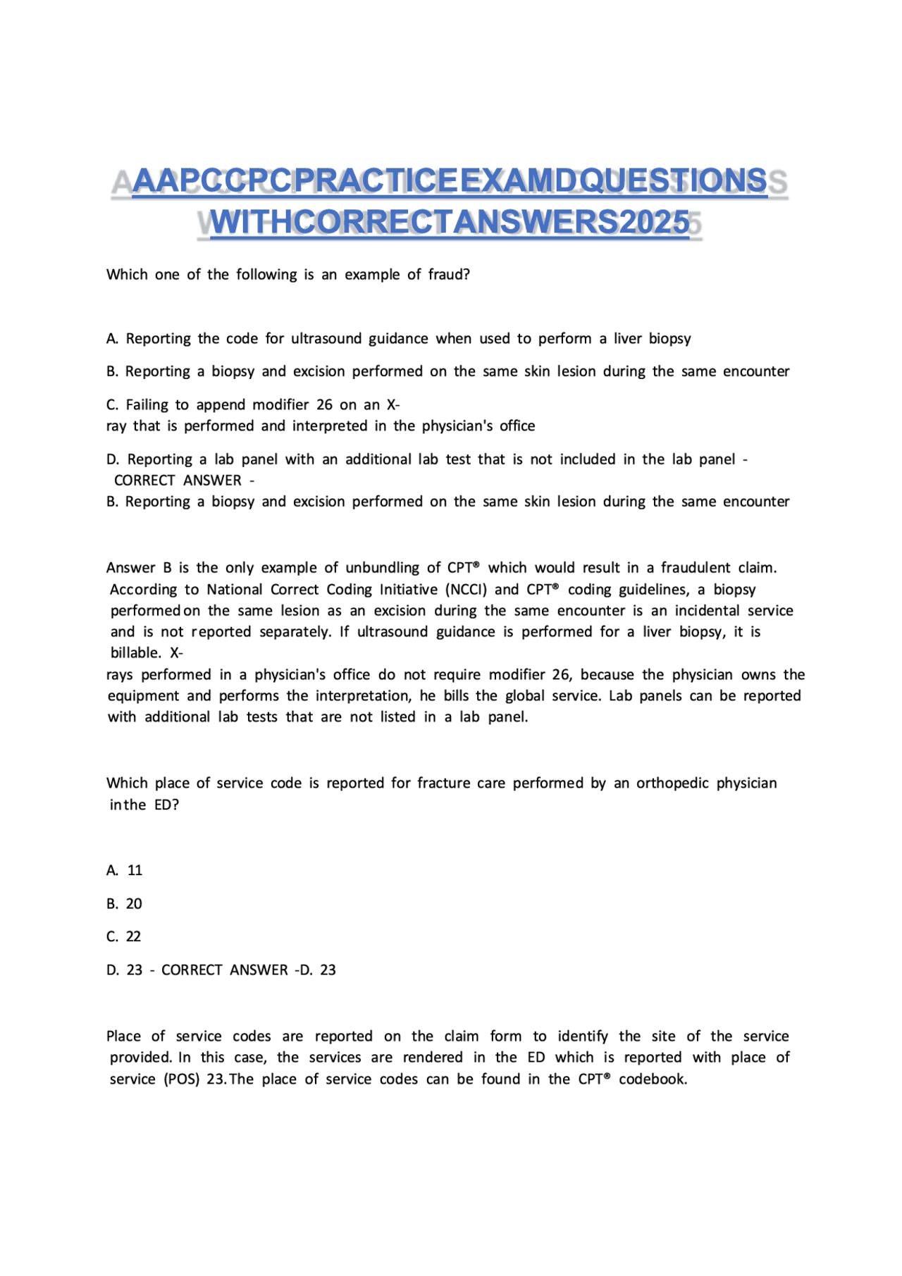 AAPC CPC Practice Exam D Questions with Correct Answers 2026 | Complete ...