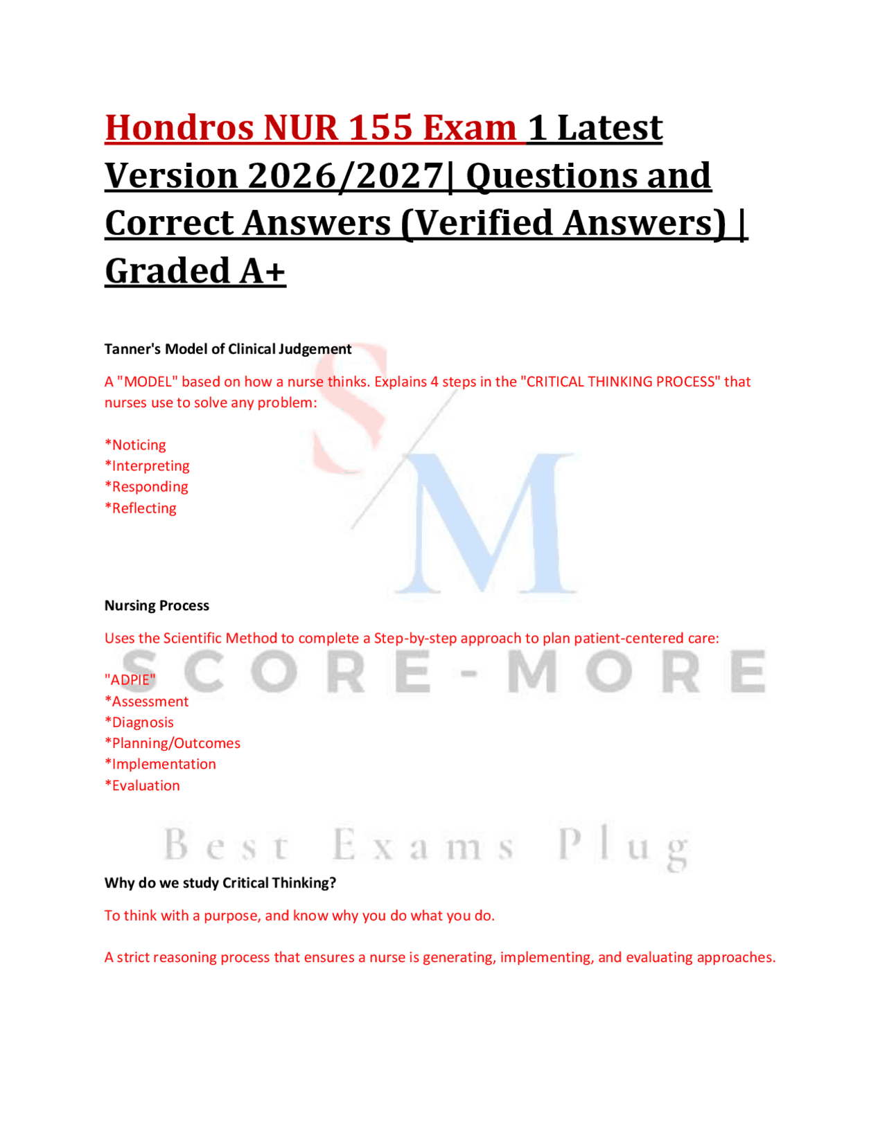 Hondros NUR 155 Exam 1 Latest Version 2026/2027| Questions and Correct ...