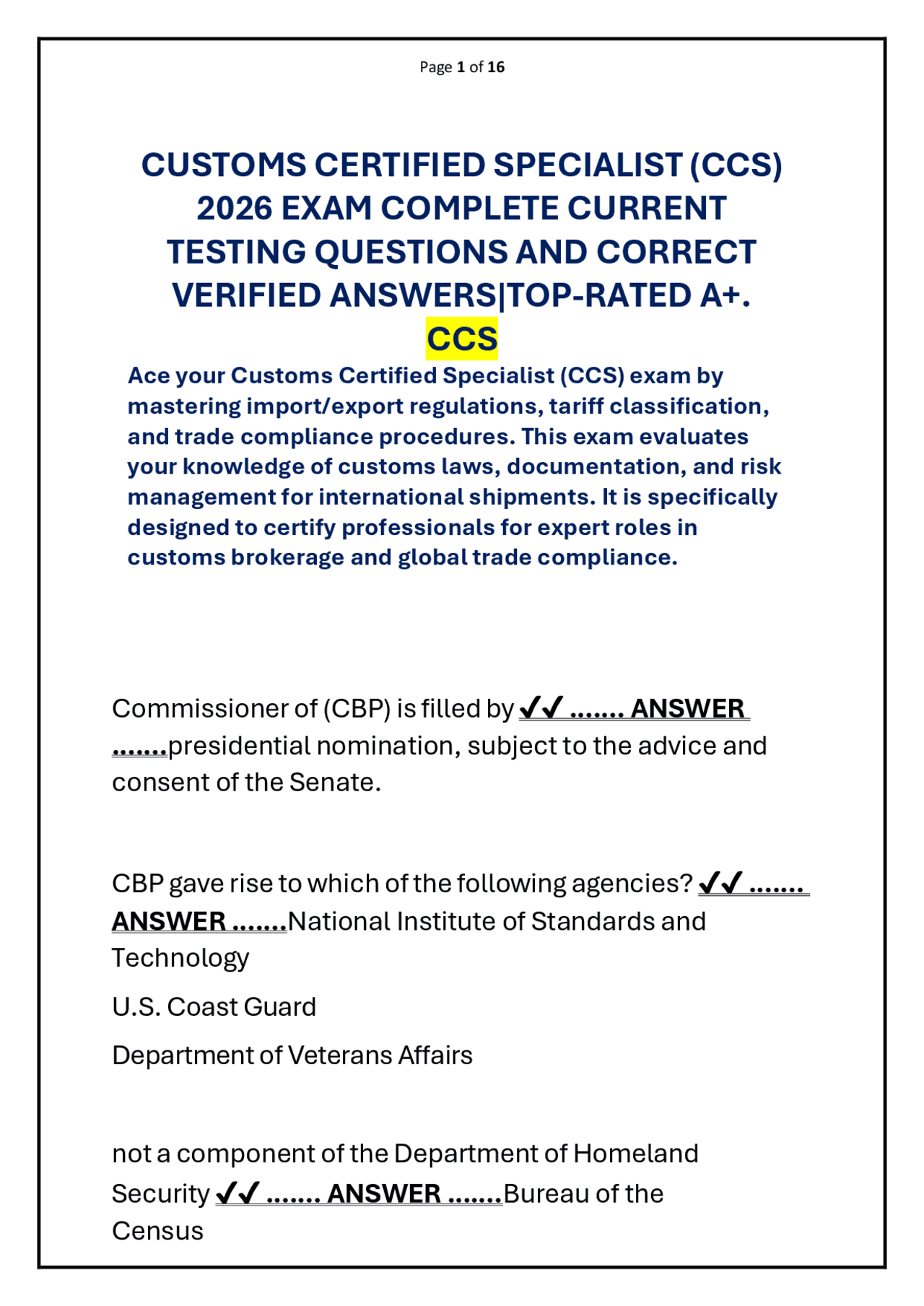 CUSTOMS CERTIFIED SPECIALIST (CCS) 2026 QUESTION AND ANSWER | Exams ...