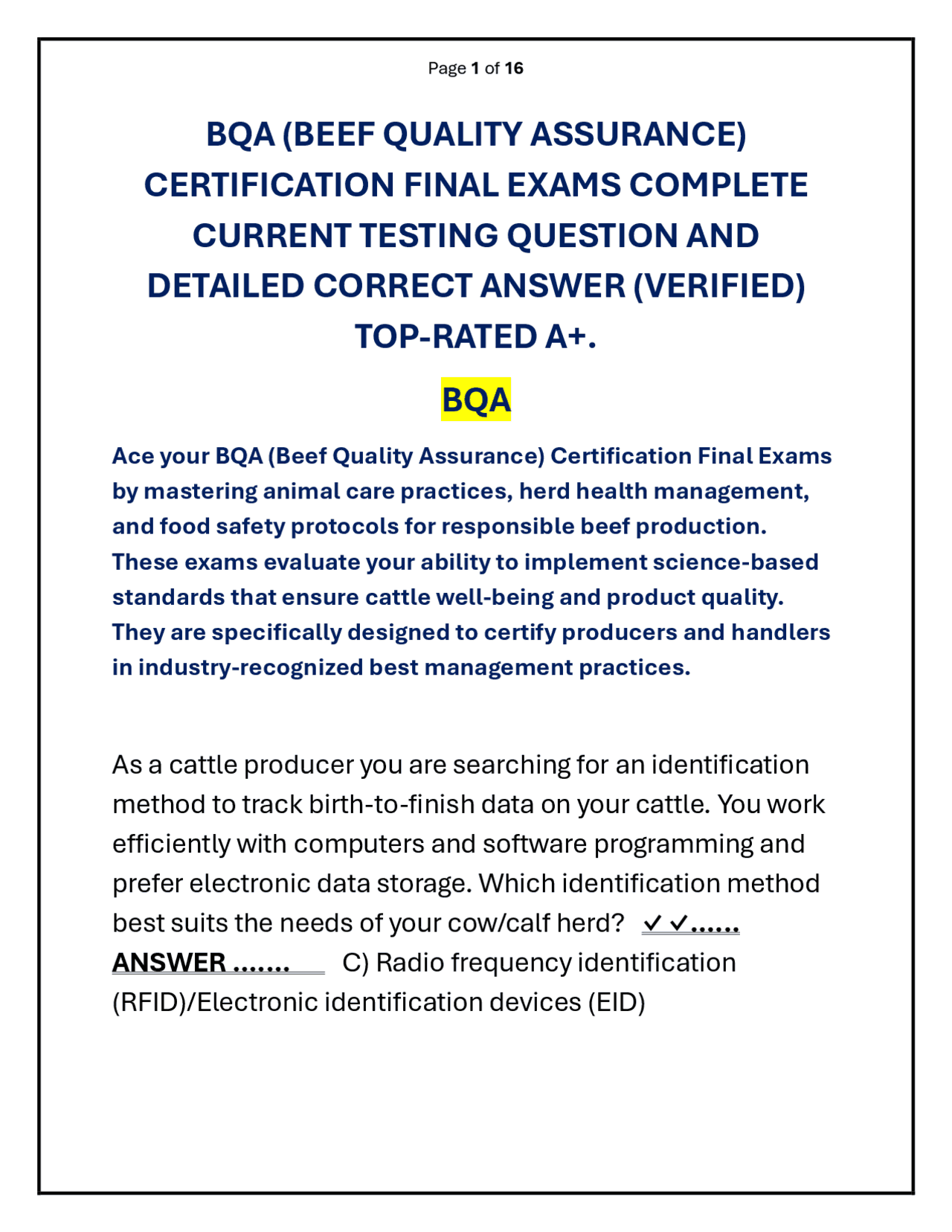 Bqa Card BQA (BEEF QUALITY ASSURANCE) CERTIFICATION FINAL EXAMS QUESTION AND ...