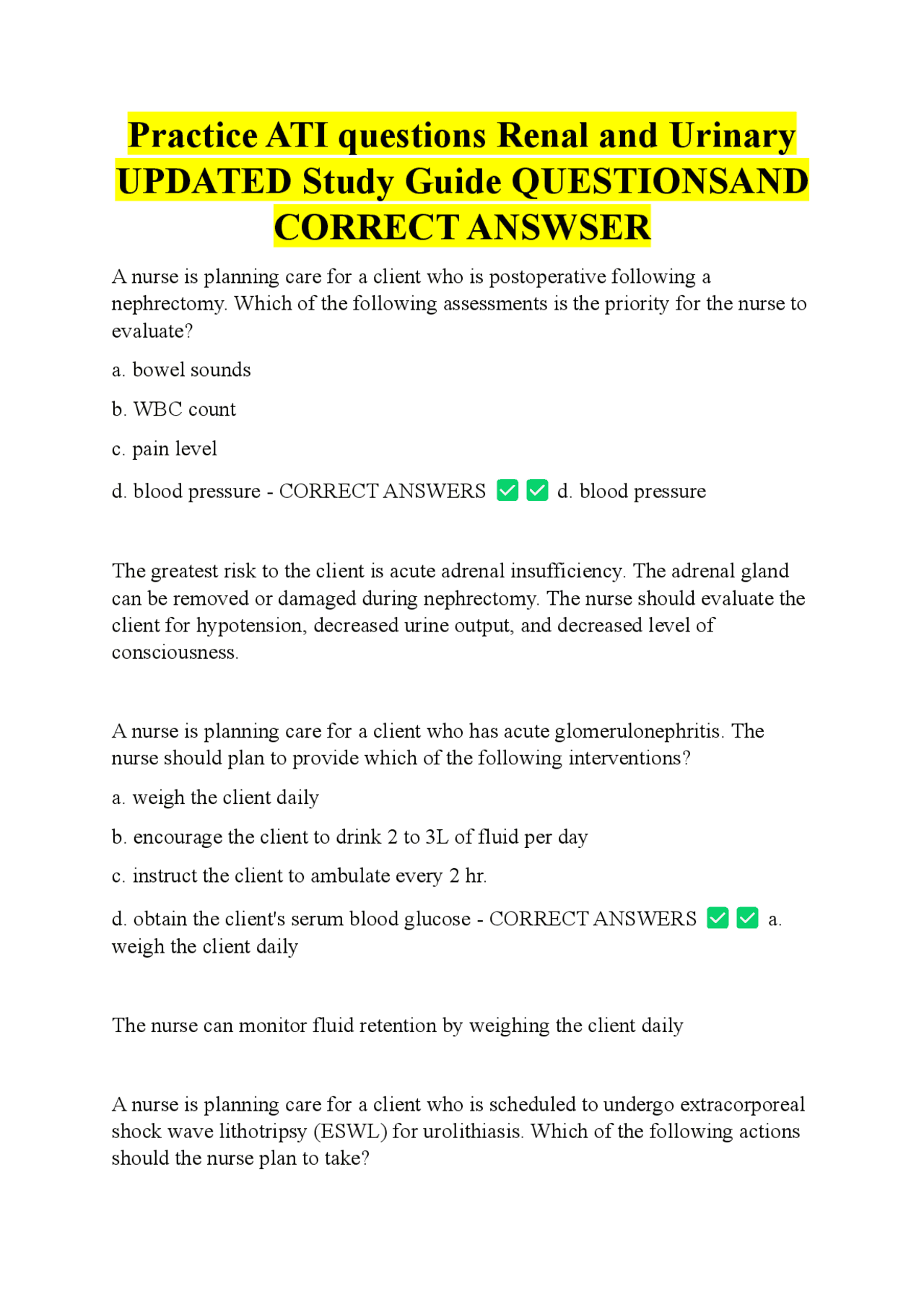 Practice ATI questions Renal and Urinary UPDATED Study Guide ...