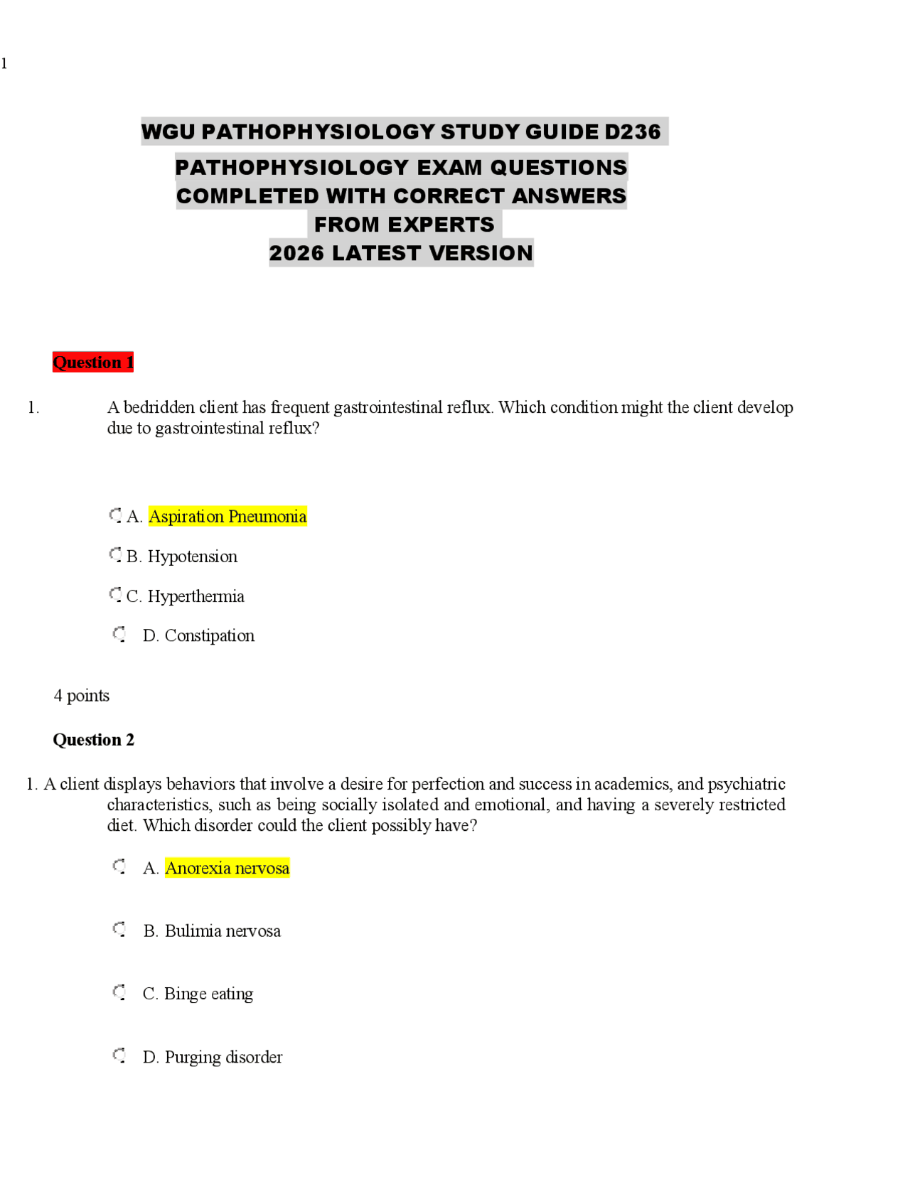WGU PATHOPHYSIOLOGY STUDY GUIDE D236 PATHOPHYSIOLOGY EXAM | Exams ...